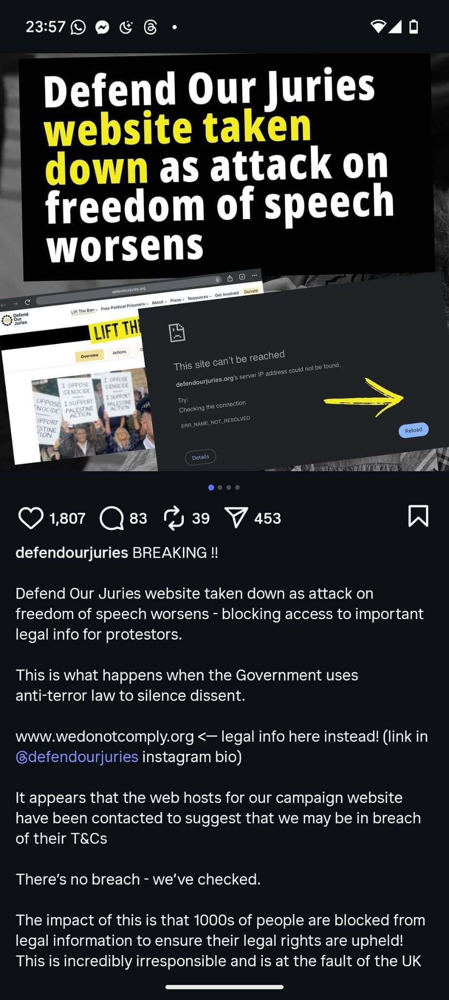 A screenshot of the Defend Our Juries Instagram account describing how their website has been taken down by their host for breach of terms and conditions.