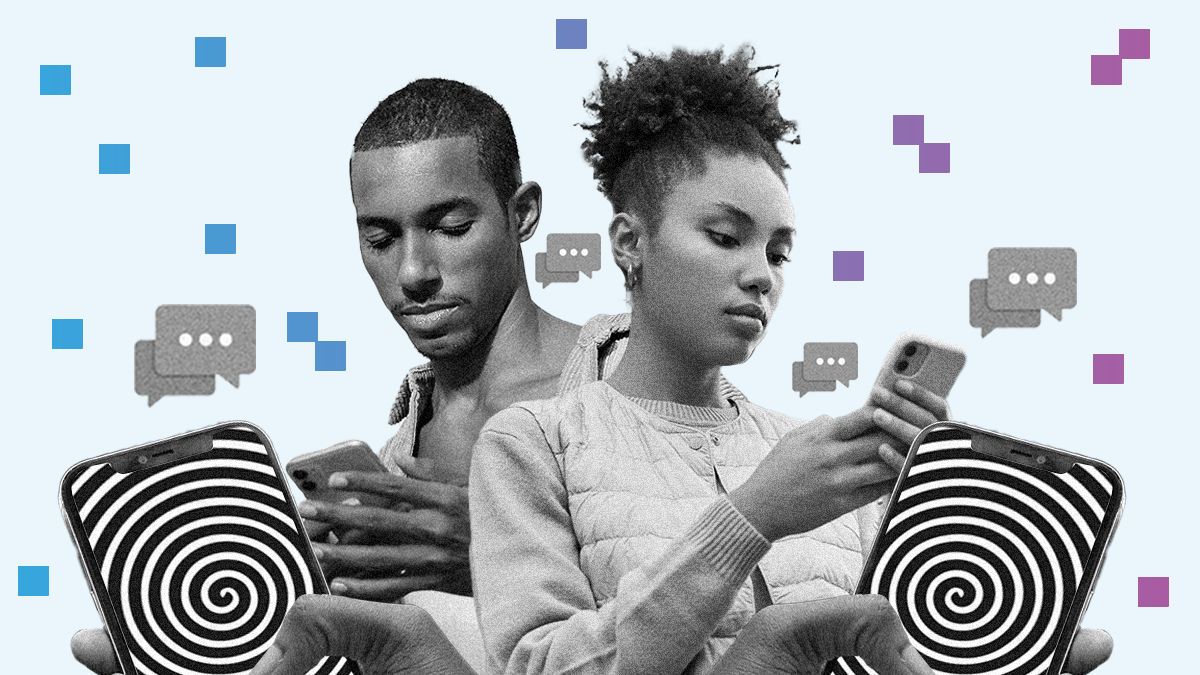 Two people look at their smartphones, appearing absorbed in their screens. The phones display black-and-white spirals, symbolizing manipulation or being drawn in.