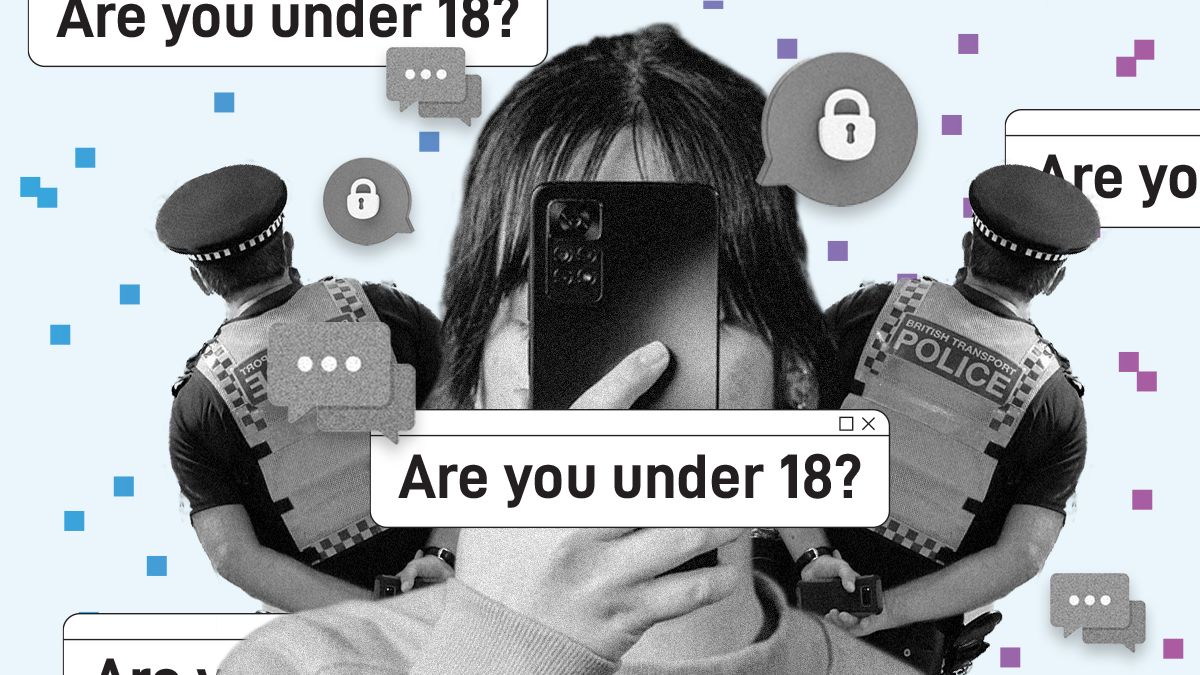 Young person with a smartphone and pop-up messages asking "are you under 18?". Police is in the background.