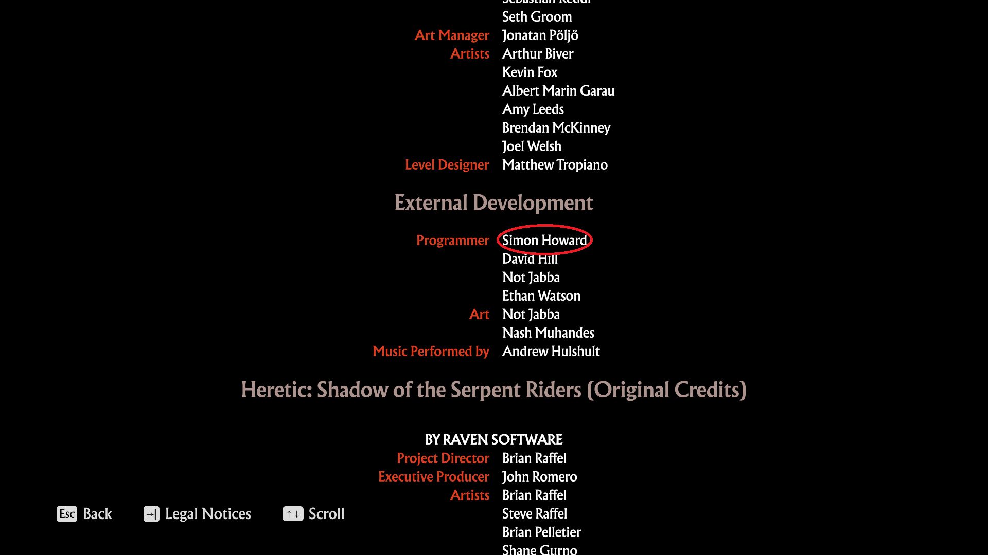Credits list with my name circled under "external development" section 