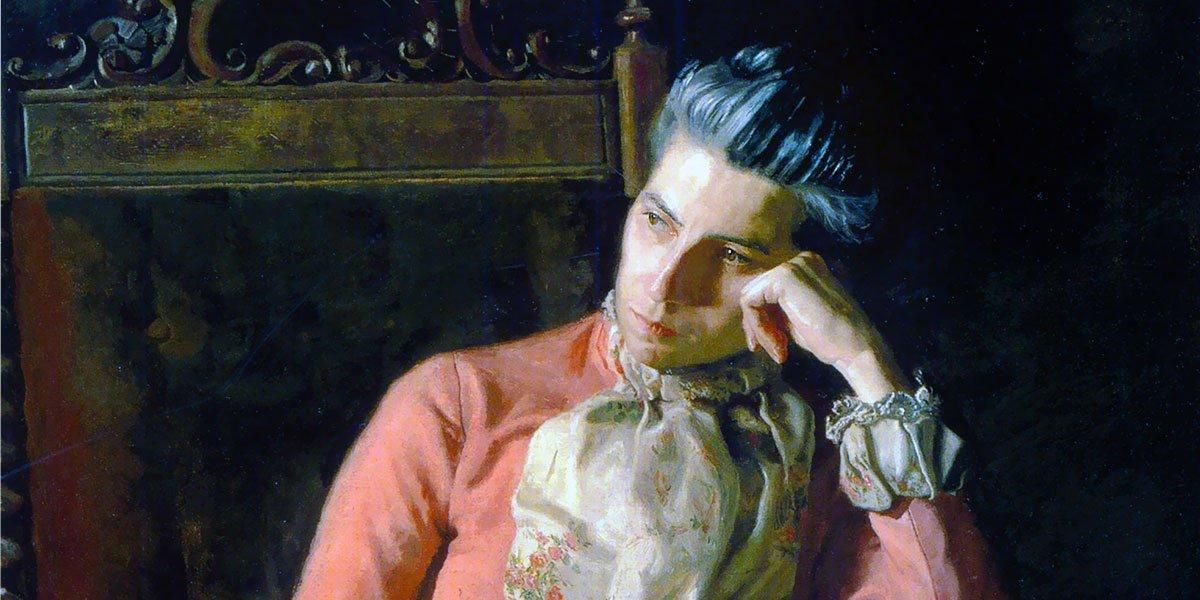 Dipinto che mostra un interno borghese, con una donna in primo piano. La donna ha qualche filo grigio fra i capelli e appoggia pensosamente la guancia al dorso di una mano, guardando alla sua destra. Indossa un abito color rosa antico con pizzi ai polsi e un ricco Jabot al collo