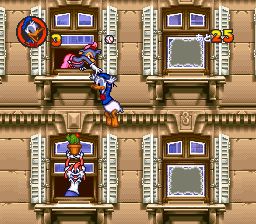 A screenshot from Donald Duck No Mahou No Boushi.
The screenshot shows the Window Cleaning job, Donald is on a large building, jumping between various window ledges, there are some dirty windows for him to clean, as we as NPCs in open windows forming hazards for the task, such as dropping plant pots out of windows.
