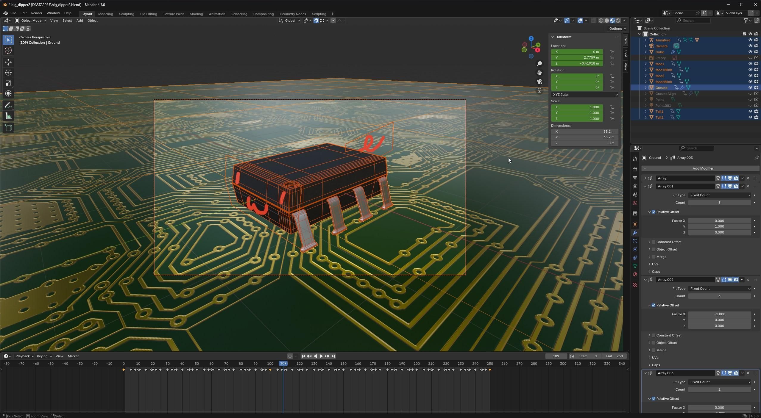 blender showing the setup to render the walking DIP. legs are bone animated, the eyes and tail are a bunch of mostly transparent planes
