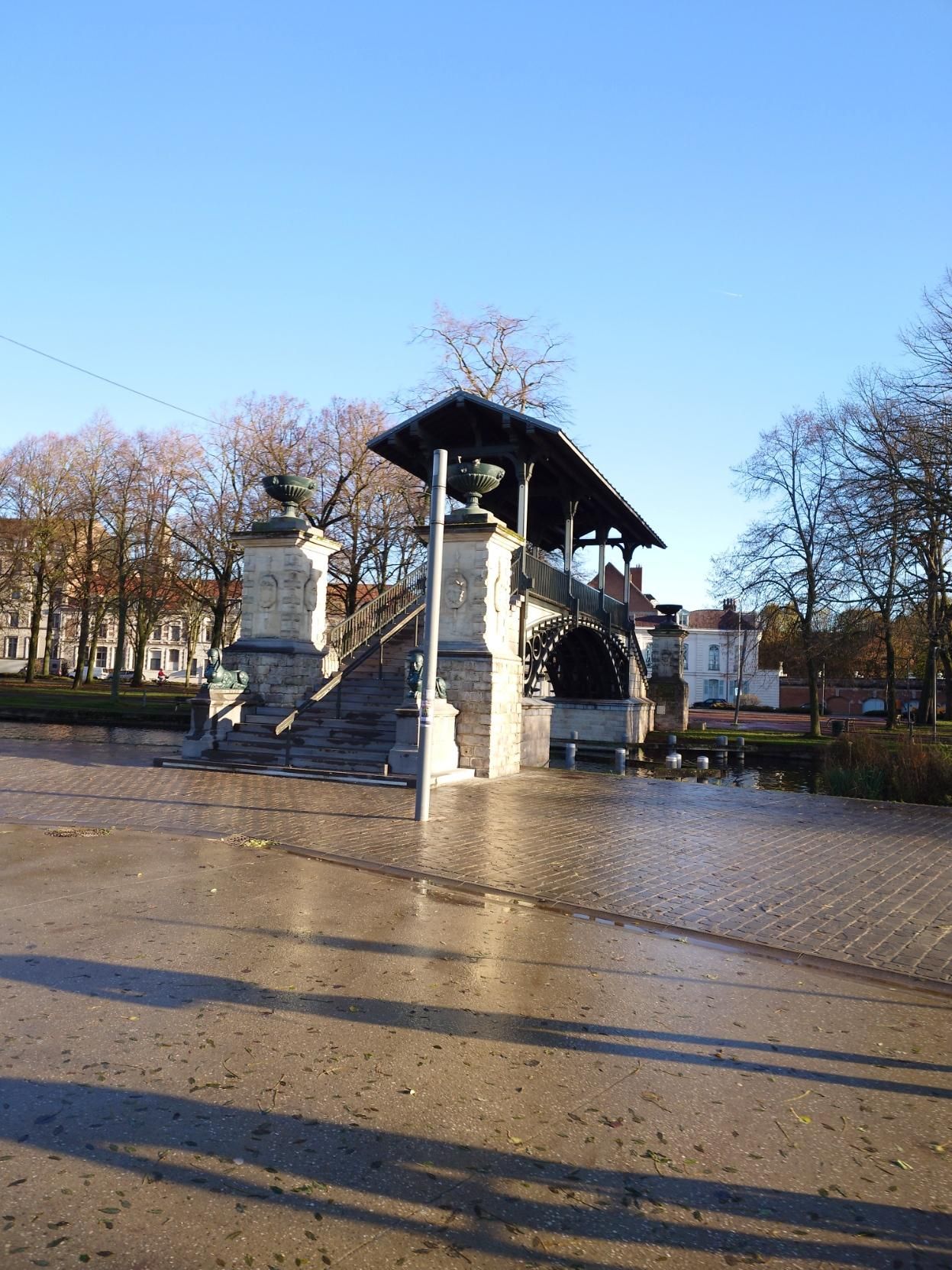 Pont Napoleon, a pedestrian bridge over a water channel at the Citadel park. Houses and trees on the other side
