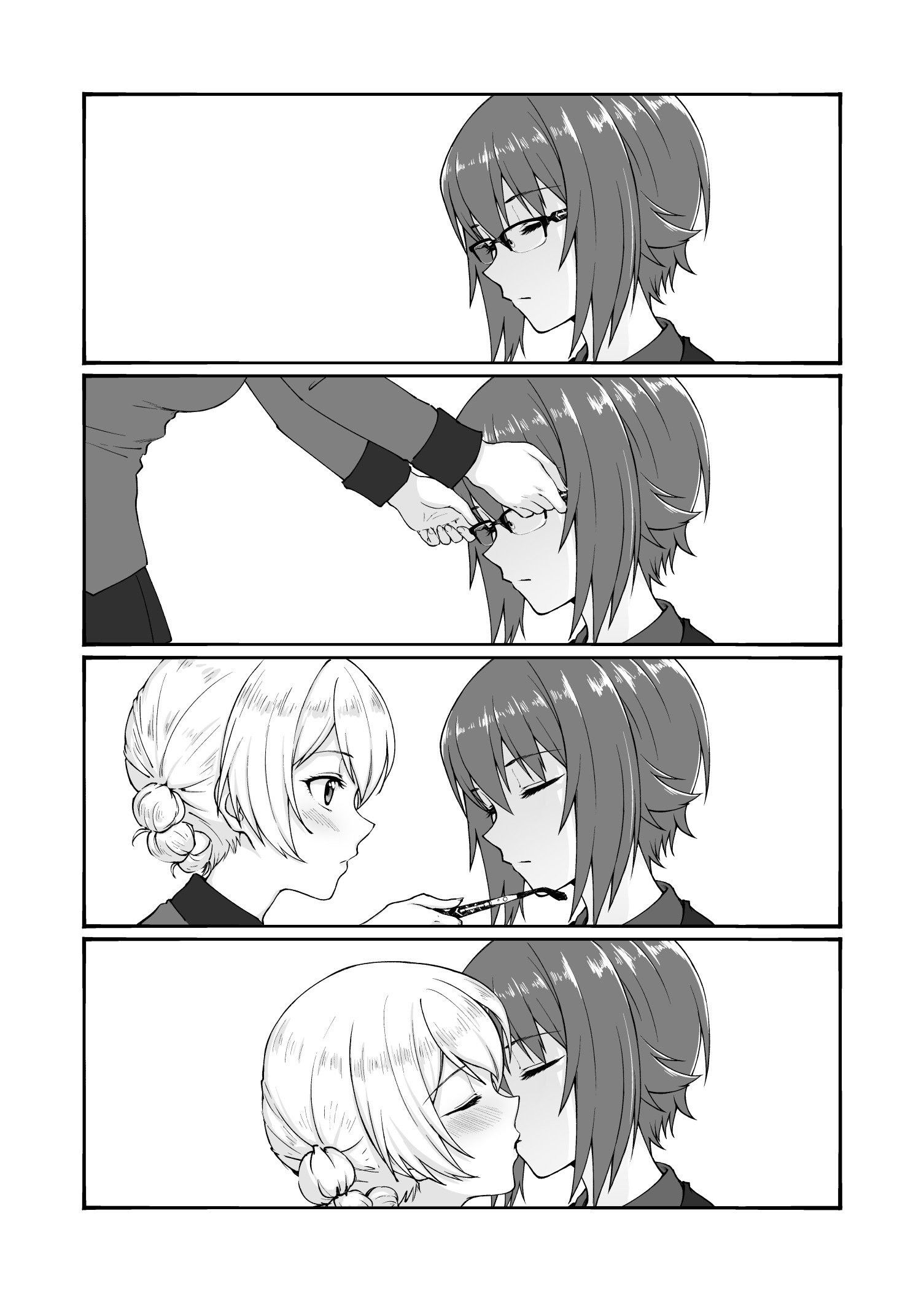 Danbooru tags: 2girls 4koma bespectacled blush braid closed_eyes comic commentary darjeeling_(girls_und_panzer) from_side girls_und_panzer glasses greyscale highres kiss long_sleeves monochrome multiple_girls nape_braid nishizumi_maho over-rim_eyewear pas_(paxiti) semi-rimless_eyewear short_hair silent_comic sleeping st._gloriana's_military_uniform updo yuri