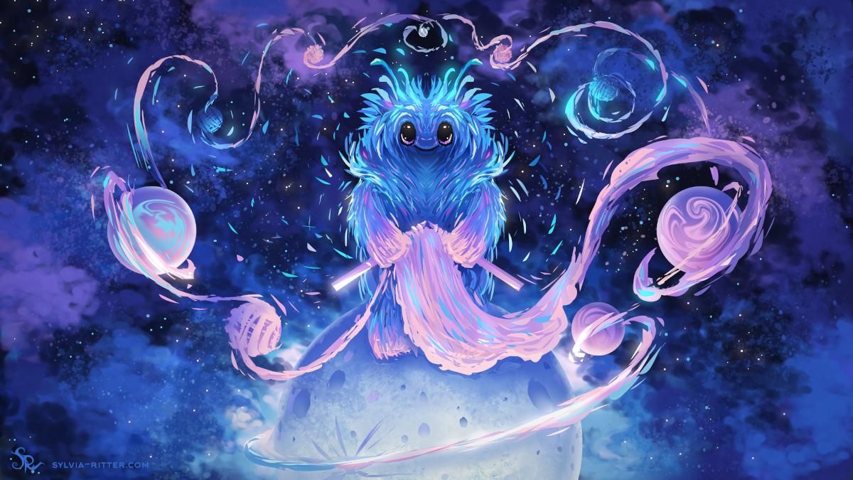 A blue, purple, turquoise, pink, white portrait in a galaxy far, far away. We can see nine planets, each in a different size and distance, entangled with ribbons orbiting around the center of attention. One of my cute, blue-purple monster architects sits on the moon, knitting new planet features. The magic yarn will turn into wind, sand, stone, water, whatever it takes to bring more life into this wondrous space. On some of these planets, creatures are knitting, too, scarves and beanies, probably, for their tiny worlds with legs. Everything is cozy, and we are celebrating Magic Wool Day.

https://www.deviantart.com/sylviaritter/art/Speedpainting-24122025-1278842400