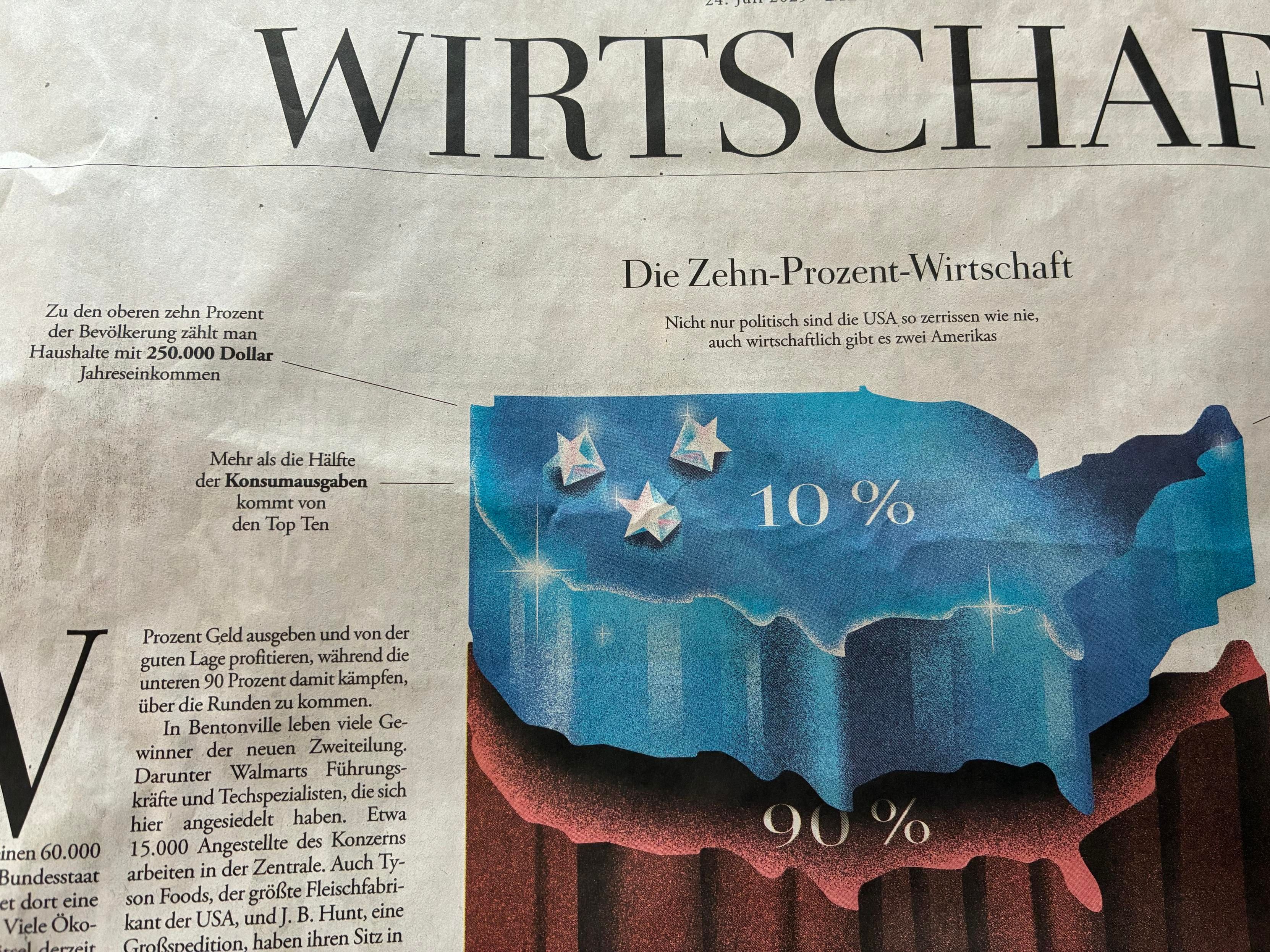 Foto der ZEIT 31/2025, die zeigt, dass in den USA die Top 10% mehr als die Hälfte des Konsums verursachen. 