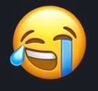 The image features a yellow emoji with a wide, open-mouthed smile, showing teeth, and closed eyes with raised eyebrows, conveying a sense of hearty laughter. A blue tear is streaming down from the right eye, indicating a very sad sob.