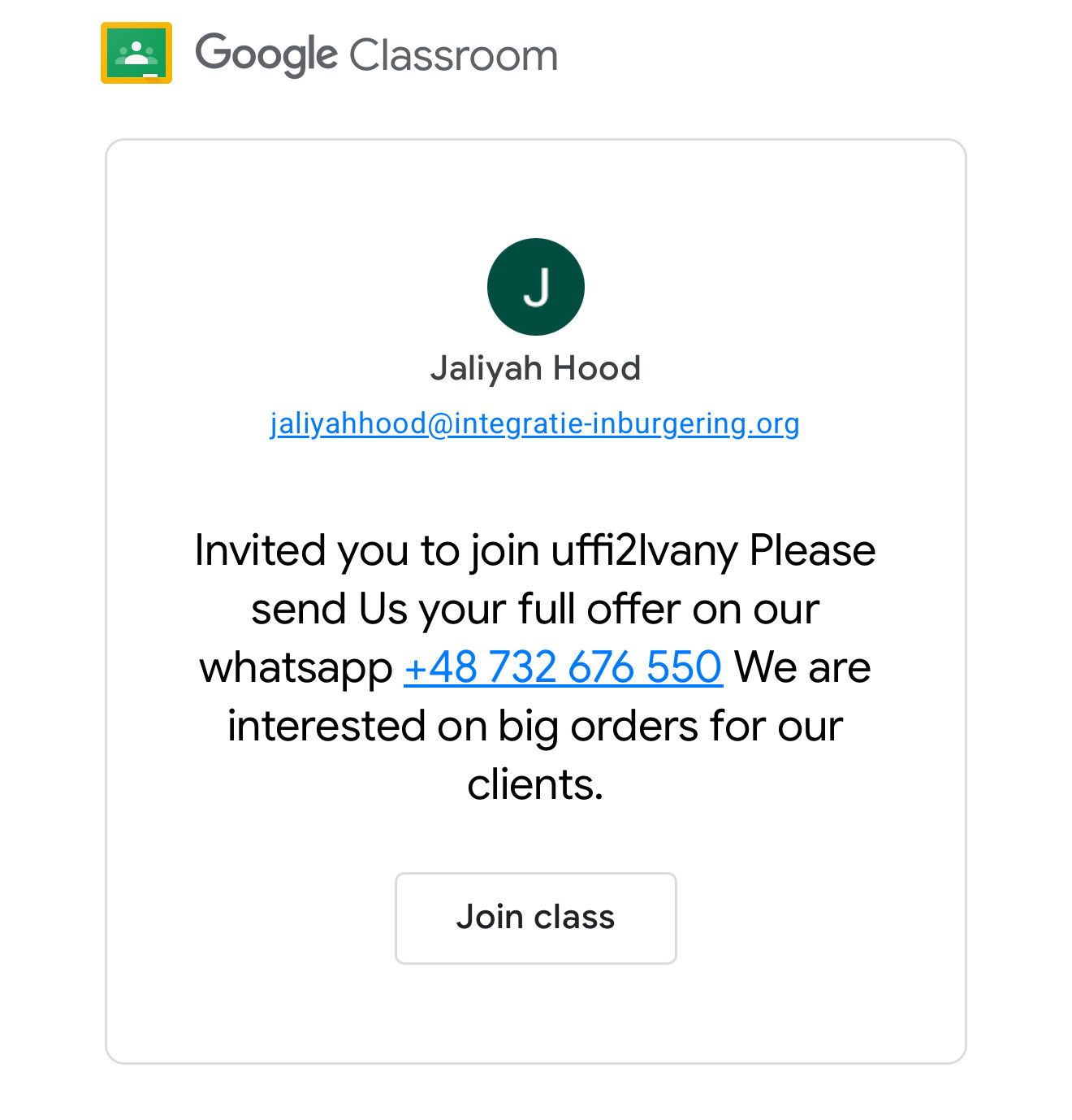 Google classroom used to deliver a scam messages