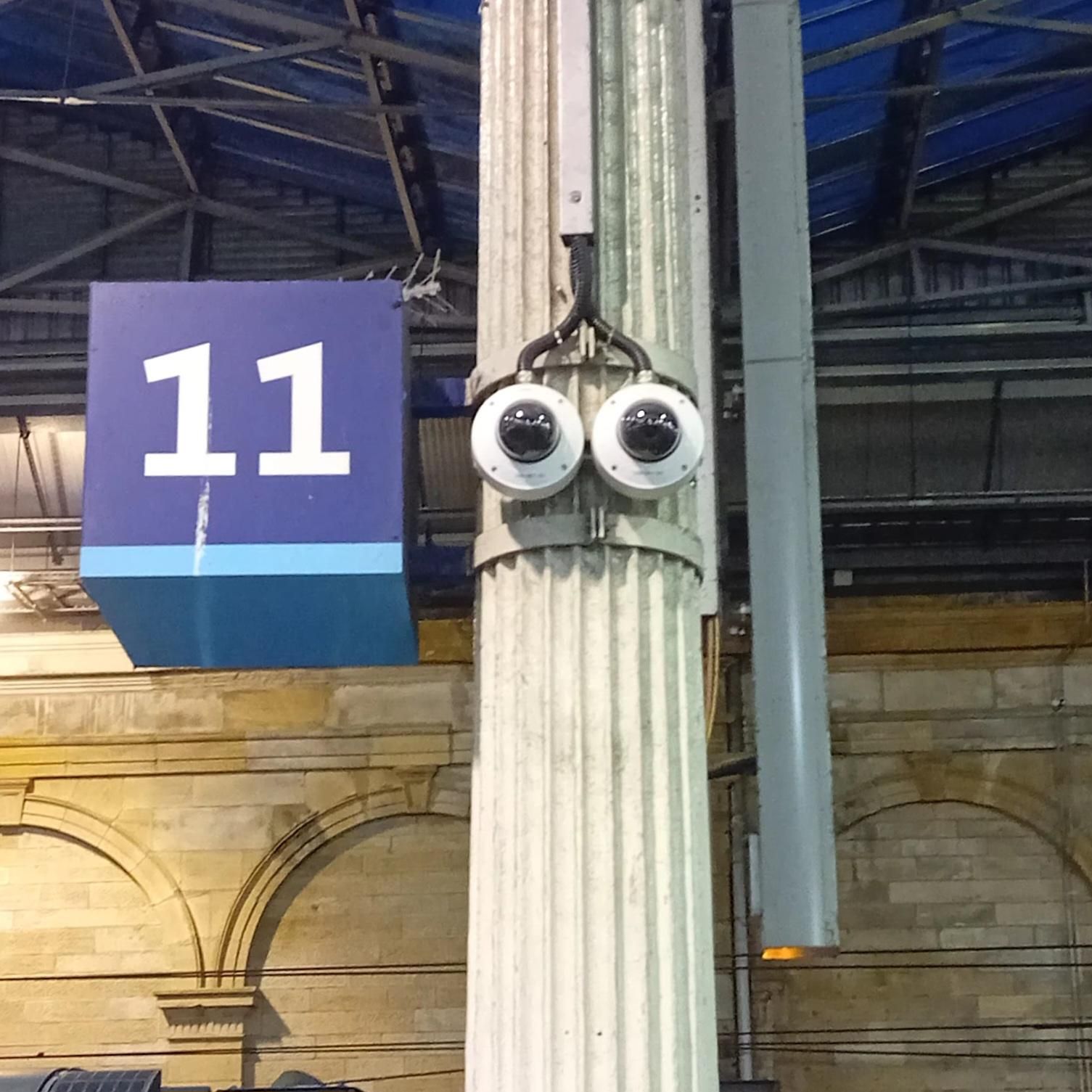 A pair of what might be cameras or emergency warning lights, I dunno, I don't work there, which are circular with a dark centre, lending them the appearance of googly eyes. They are positioned on a pillar at Waverley station, next to a sign for platform 11. There is a fixing below them that looks like a worried frown (think Beaker in the Muppets). It looks generally terrified.
