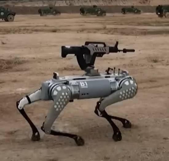 Un robot di costruzione cinese quadrupede con un'arma da fuoco montata è posizionato in un paesaggio sterile.