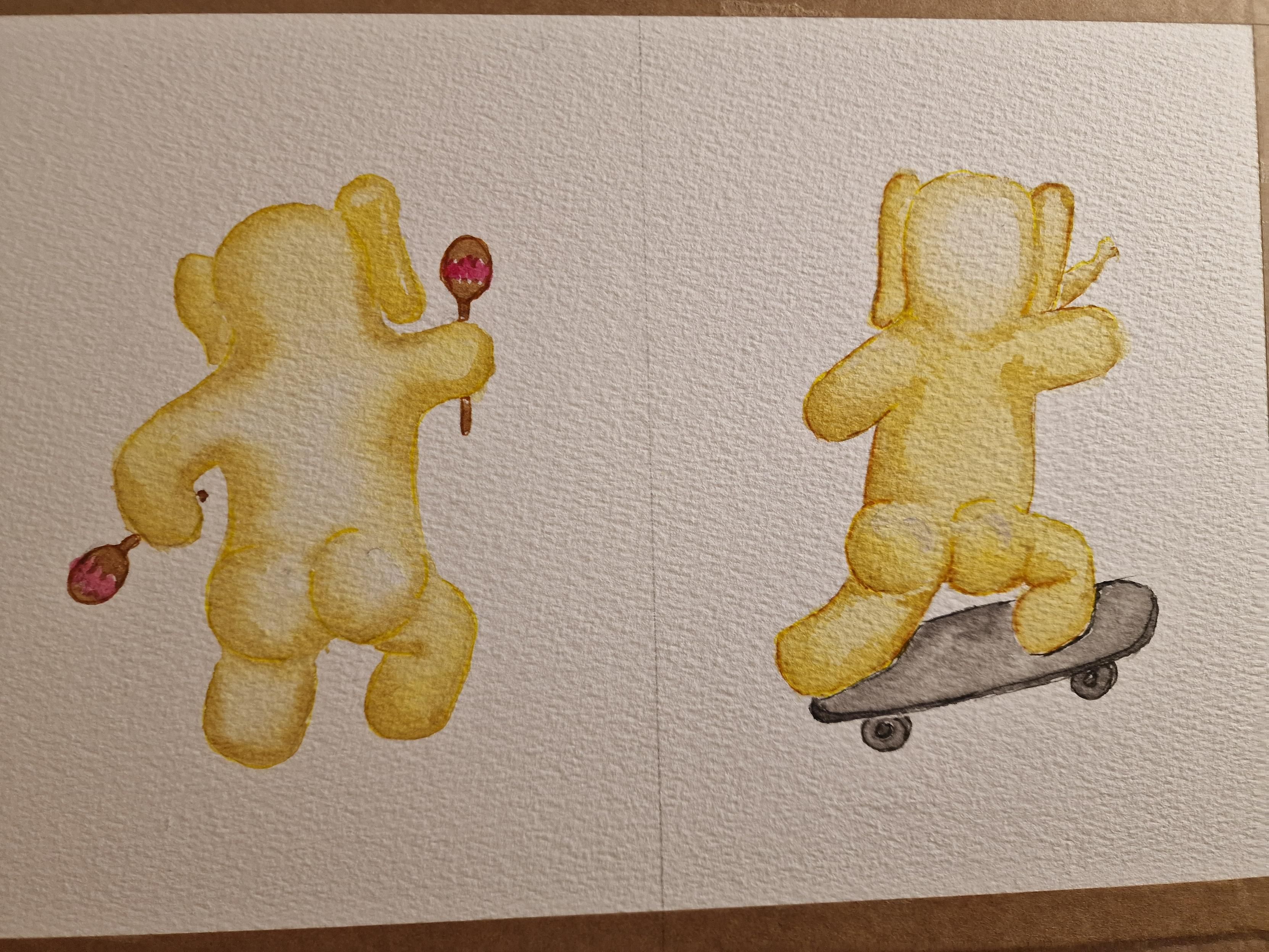 Two watercolour paintings of the mastodon elephant. One he's shaking maracas and another riding a skateboard