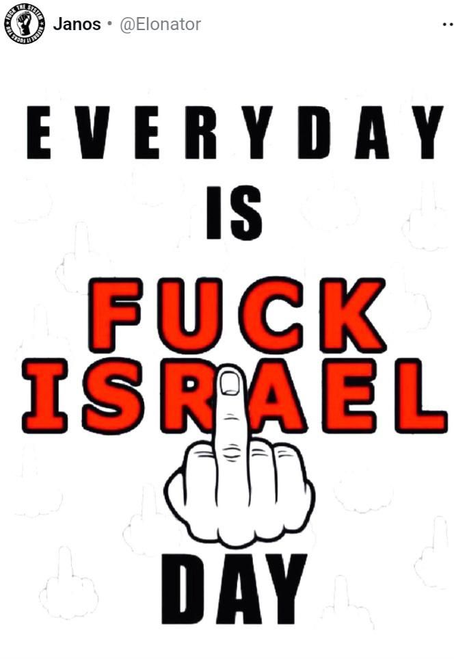 A text and a hand giving a middle finger that says EVERYDAY IS A FUCK ISRAEL DAY