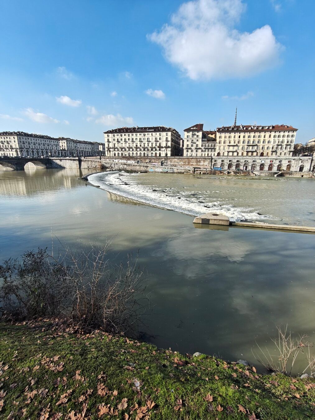 Veduta panoramica del fiume Po a Torino in una giornata soleggiata. In primo piano, una sponda erbosa cosparsa di foglie secche. Al centro del fiume, una pescaia curva crea una piccola cascata di schiuma bianca. Sullo sfondo, eleganti palazzi storici in stile sabaudo si affacciano sulla riva opposta sotto un cielo azzurro con poche nuvole.