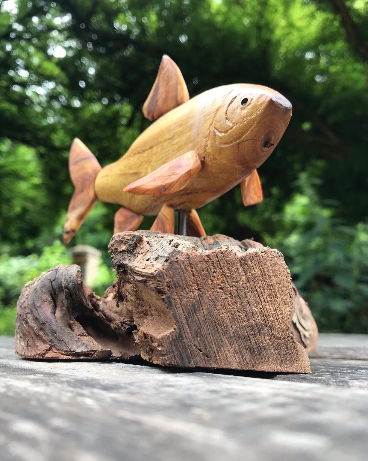 Sculpture de gardon en bois vue en légère contreplongée, sur un  fond de verdure