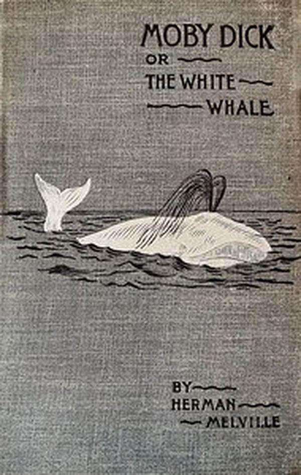 Cover of the book Moby Dick; Or, The Whale by Herman Melville.

The middle section features a simple but evocative illustration of a white whale, presumably Moby Dick himself. The whale is shown in profile, breaching or swimming at the surface of stylized ocean waters. The illustration shows:

The whale's distinctive white body rendered in light coloring against the gray background
A spray or spout coming from the whale's blowhole
The whale's tail (fluke) visible, suggesting movement
Horizontal lines representing the ocean's surface
Simple linework giving texture to the whale's body and the water

https://www.gutenberg.org/cache/epub/2701/pg2701-images.html