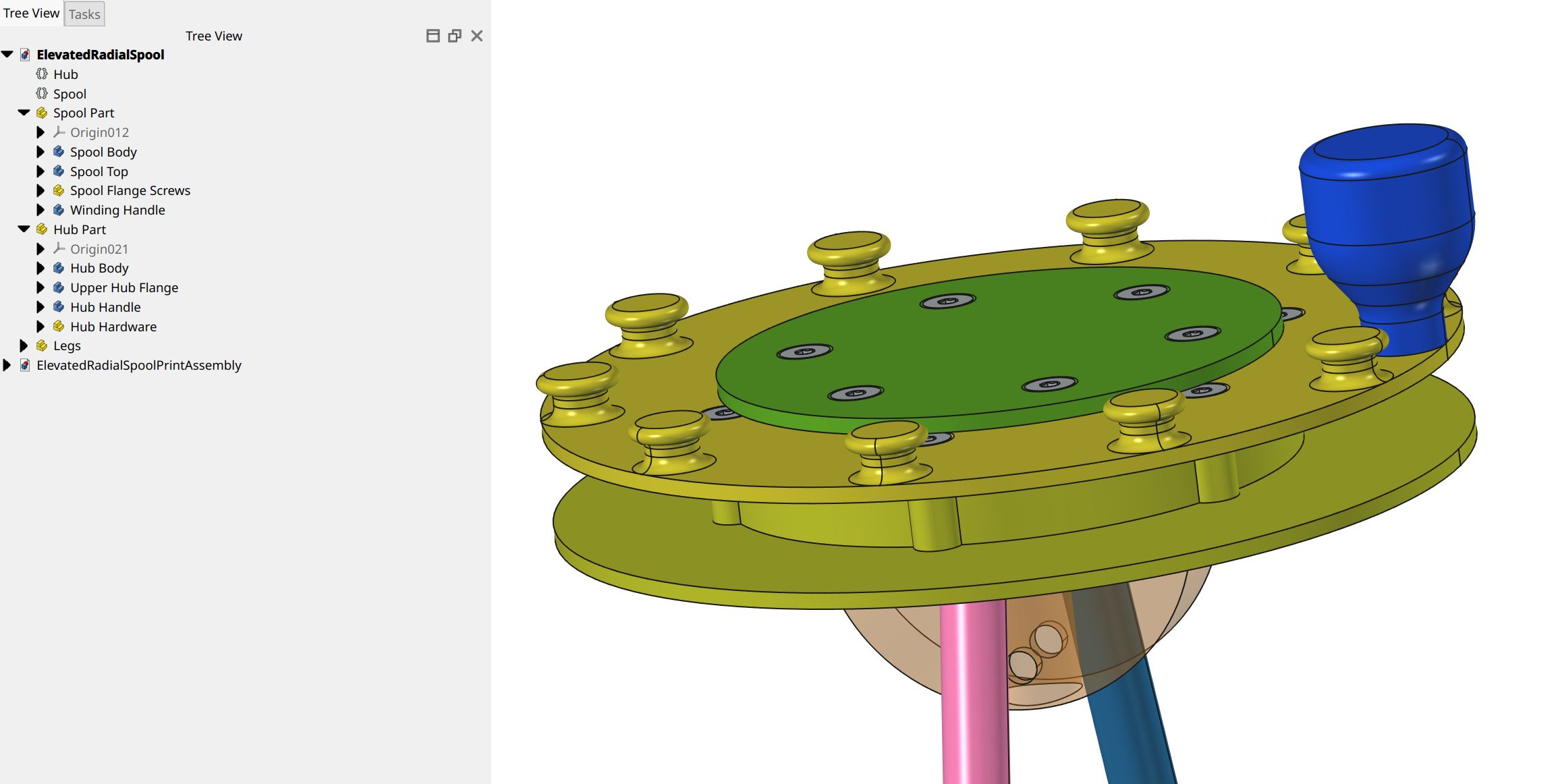 FreeCAD screen shot showing the parts as they will be used. This is not an assembly; the parts are designed with parametric placement.