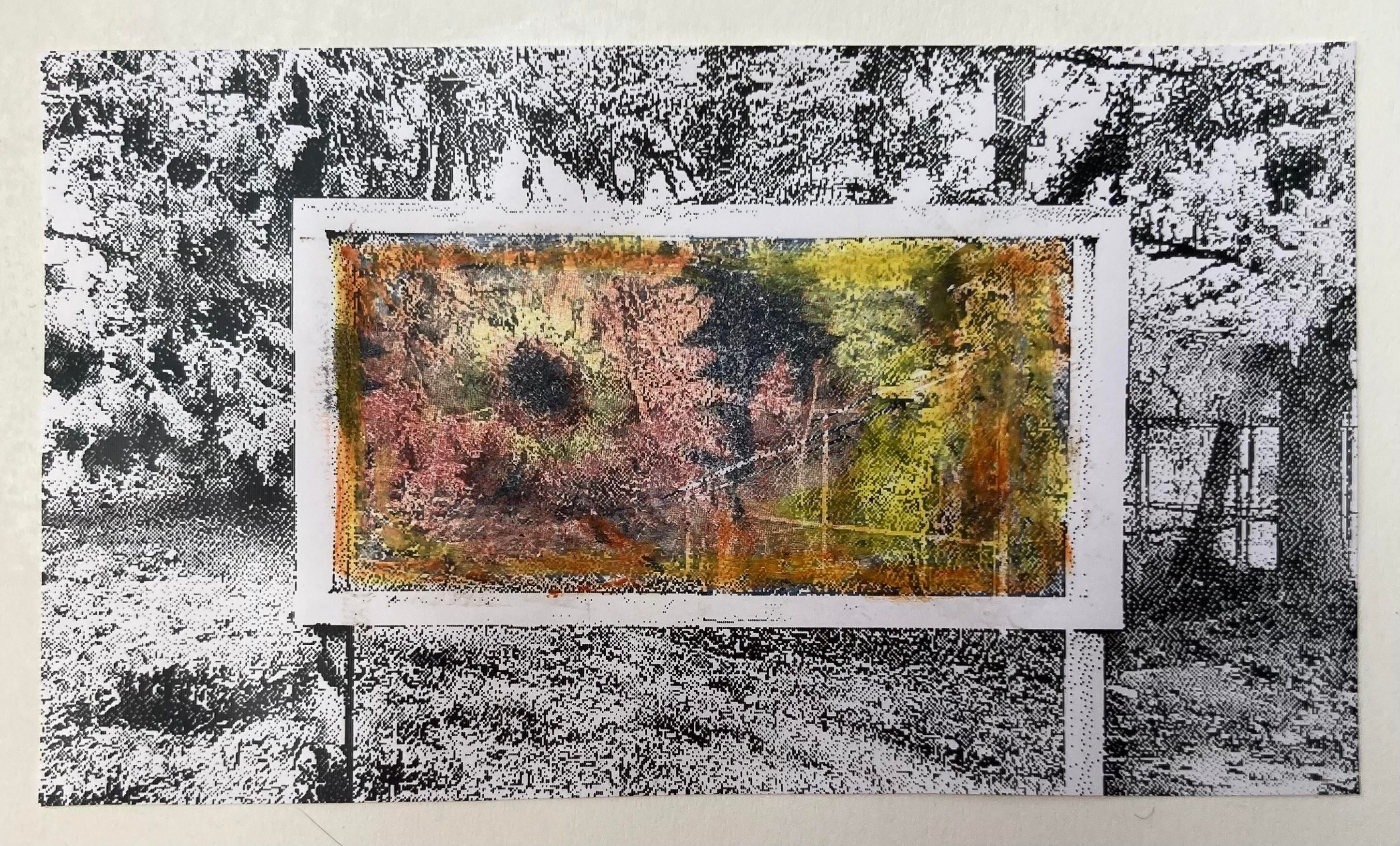 Pixelated black-and-white print of roadside sign frame against trees with superimposed color image of sunflowers inside.  
