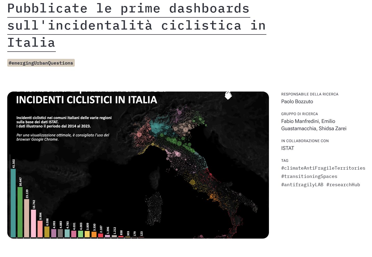Pubblicate le prime dashboards sull'incidentalità ciclistica in Italia 

INCIDENTI CICLISTICI IN ITALIA
Incidenti ciclistici nei comuni italiani delle varie regioni
sulla base dei dati ISTAT.
I dati illustrano il periodo dal 2014 al 2023.
Per una visualizzazione ottimale, è consigliato l'uso del
browser Google Chrome.