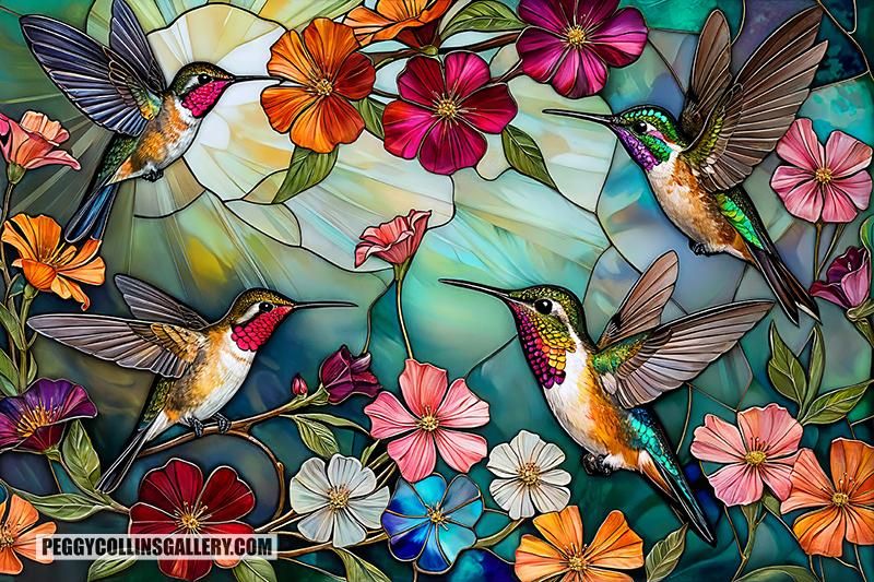 Colorful artwork of four hummingbirds and flowers, by artist Peggy Collins.