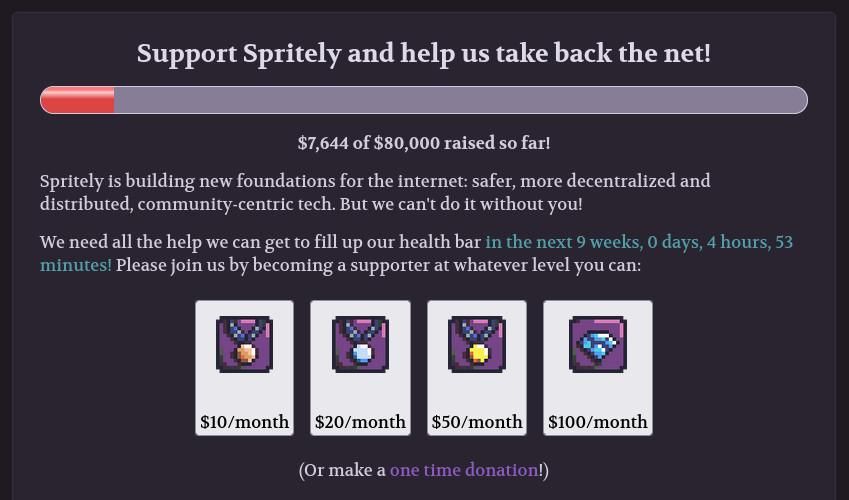 Spritely's supporter page, at ~$7.6k of $80k at the time of writing