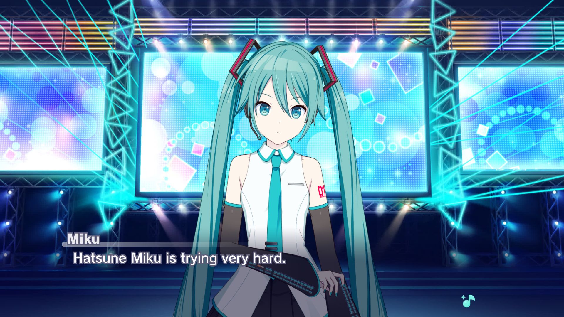 Made from Project Sekai's story board, on a blue concert stage, Hatsune Miku says "Hatsune Miku is trying very hard."