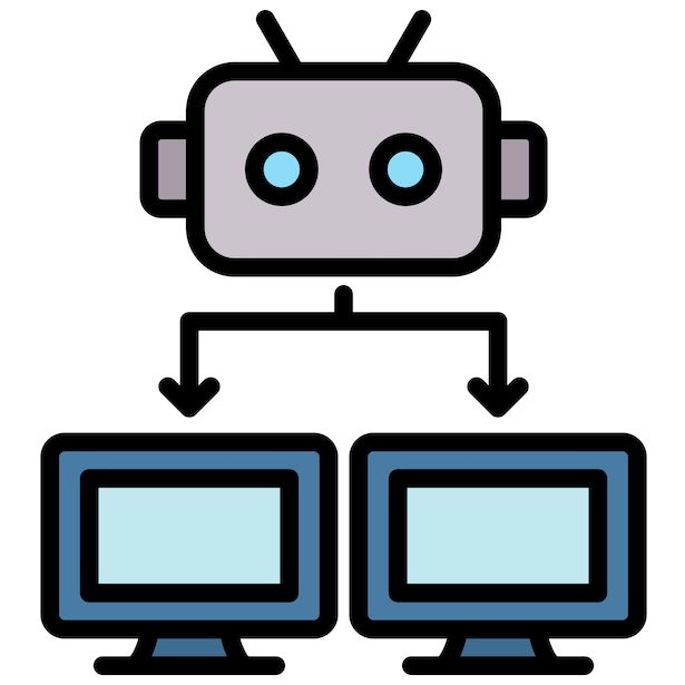 An illustration showing the head of a robot with arrows pointing down to two computer screens below. The robot's head has antennae sticking out diagonally from the top of its square head, almost resembling a TV box.