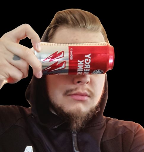 A person holding euro shopper energy drink can sideways in front of their eyes. They have a bit of beard and mustache. They are wearing a back hoodie with the hood partly up. They seem to have kind of long hair on the middle and shorter on the sides but hair is mostly obscured by the hood. They have a tattoo on one of their fingers on the hand that is holding the can.