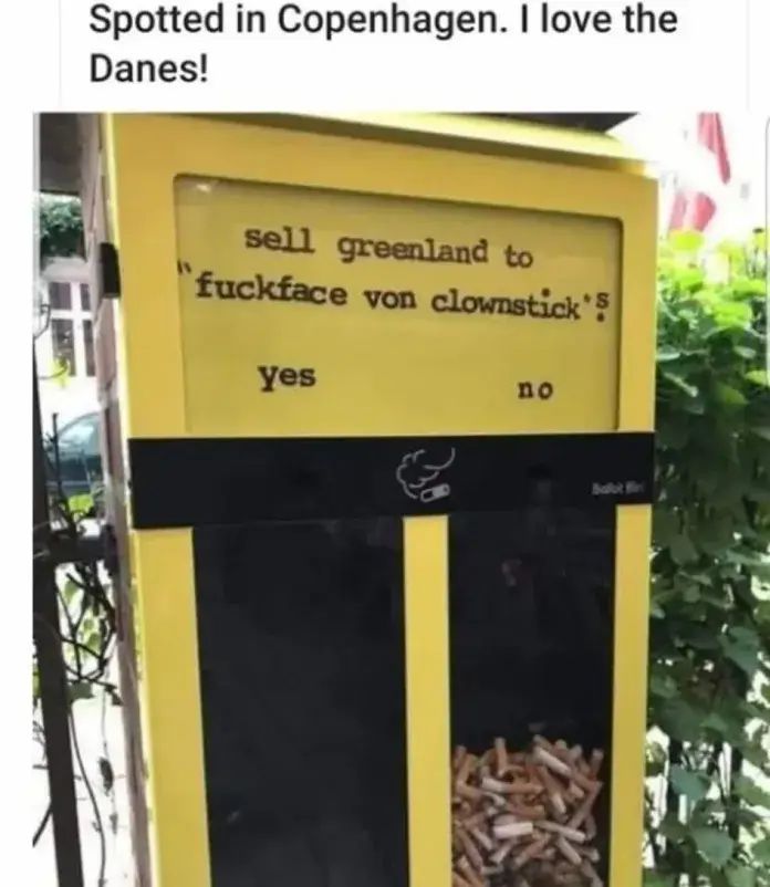 Photo of a bright yellow outdoor cigarette-butt bin in Copenhagen, Denmark, used as a public “vote” board. A printed sign at the top reads: “sell greenland to ‘fuckface von clownstick’s’,” with two options underneath: “yes” on the left and “no” on the right. The lower section is filled with cigarette butts, and greenery and a sidewalk railing appear in the background.