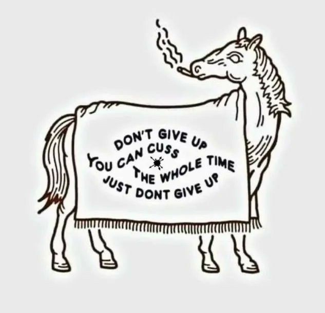 Still image. Black and white lineart. A horse smoking a cigarette or doob, wearing a blanket across its whole body. The blanket reads:
DON'T GIVE UP
YOU CAN CUSS
THE WHOLE TIME
JUST DONT GIVE UP