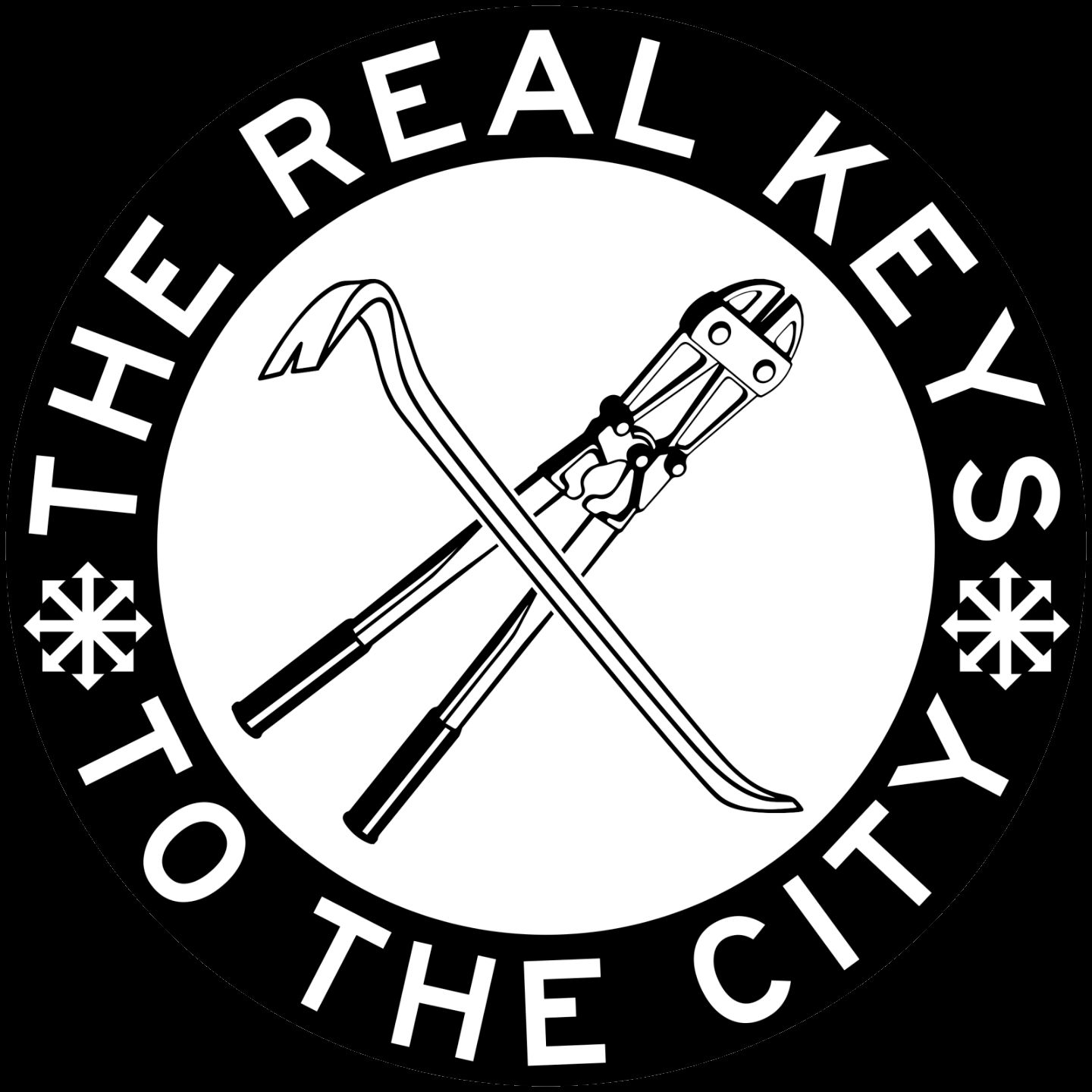 Transparent image with circular logo that reads "The real keys to the city". In the middle, a crowbar and bolt cutters form an X