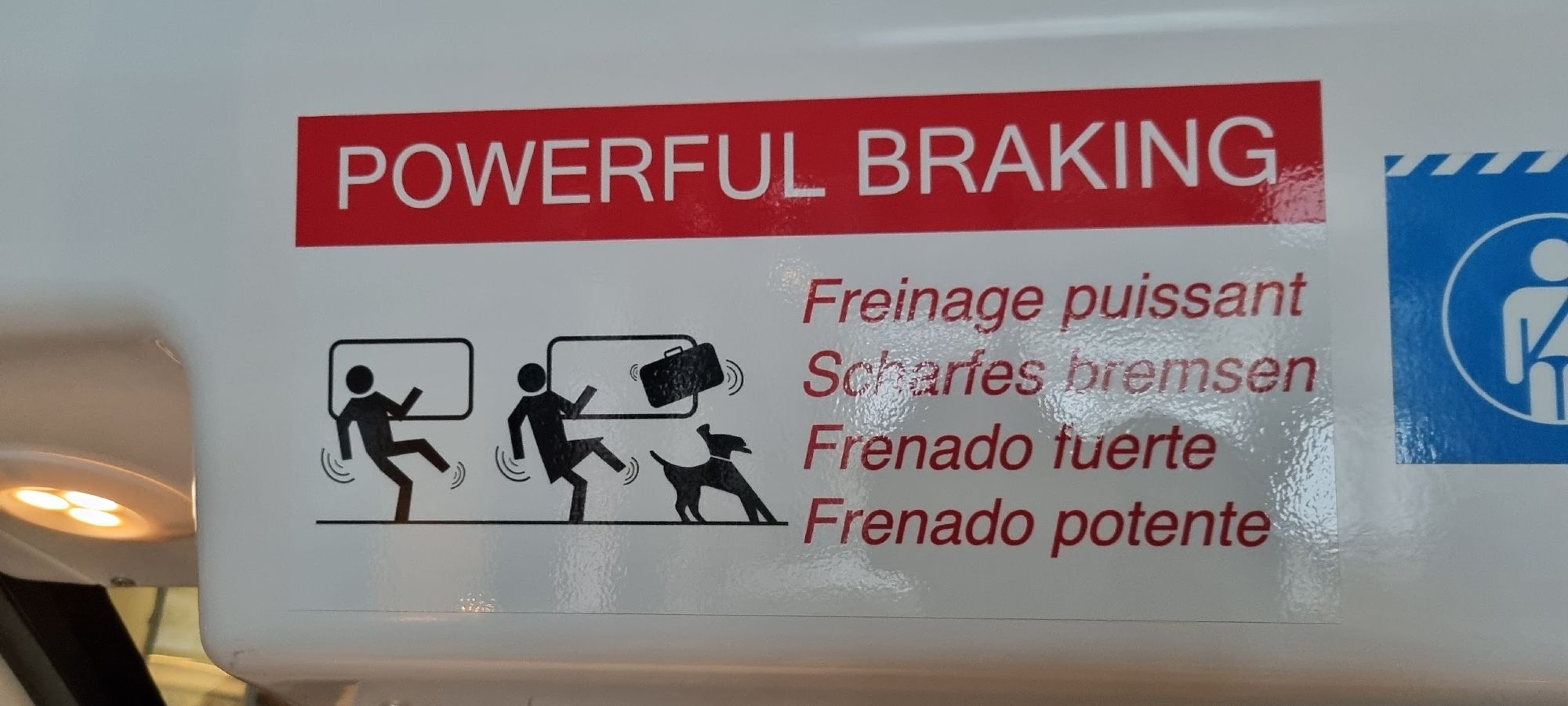 POWERFUL BRAKING sign - with images of people and even a cute dog being jerked around 