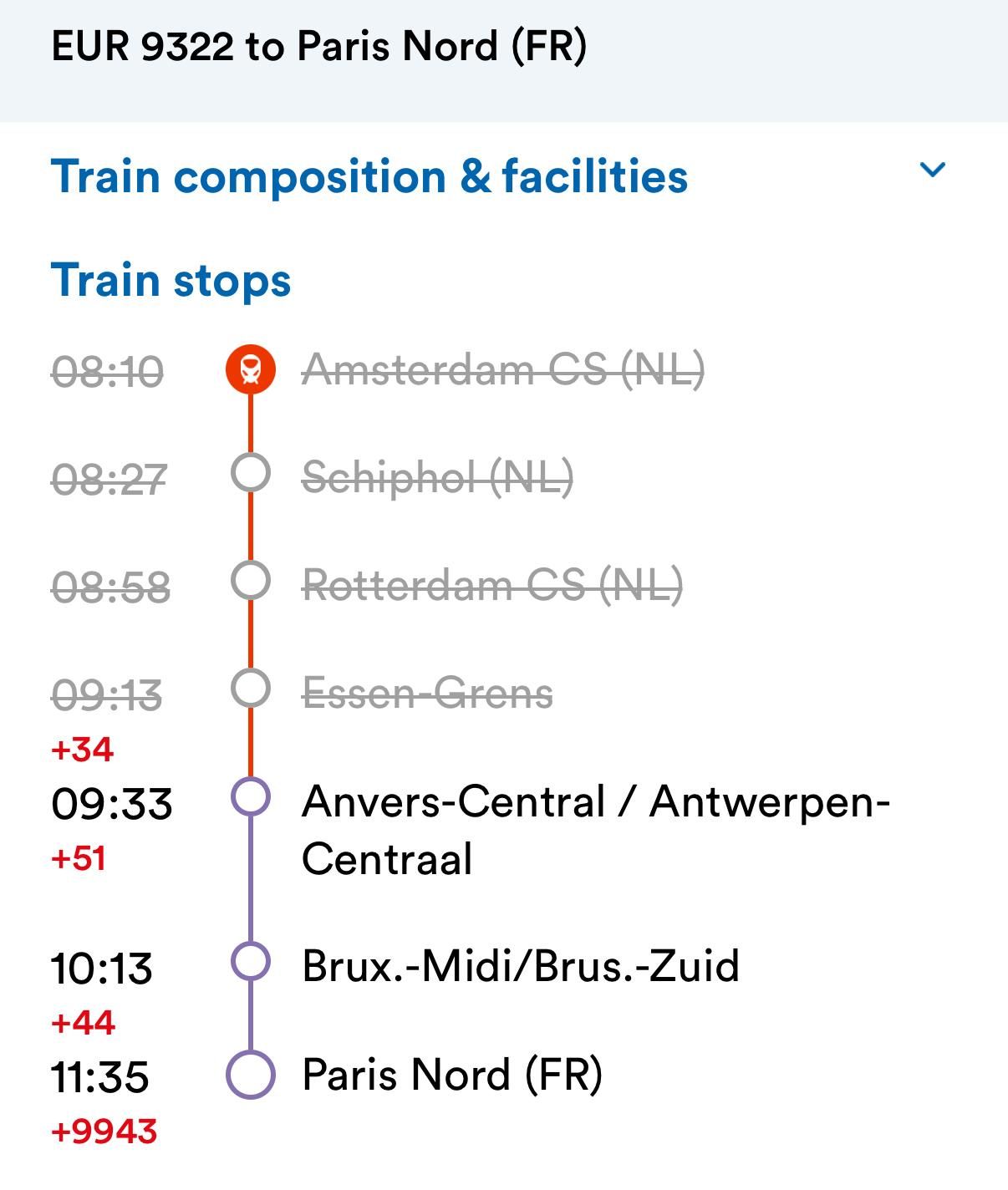 Screenshot of train details (from the SNCB app) of train EUR 9322 to Paris Nord (FR). Stops in Amsterdam CS (NL), Schiphol (NL), Rotterdam CS (NL), Essen-Grens are cancelled. Anvers-Central / Antwerpen-Centraal 09:33 +51, Bryx.-Midi/Brus.-Zuid +44, Paris Nord (FR) 11:35 +9943.