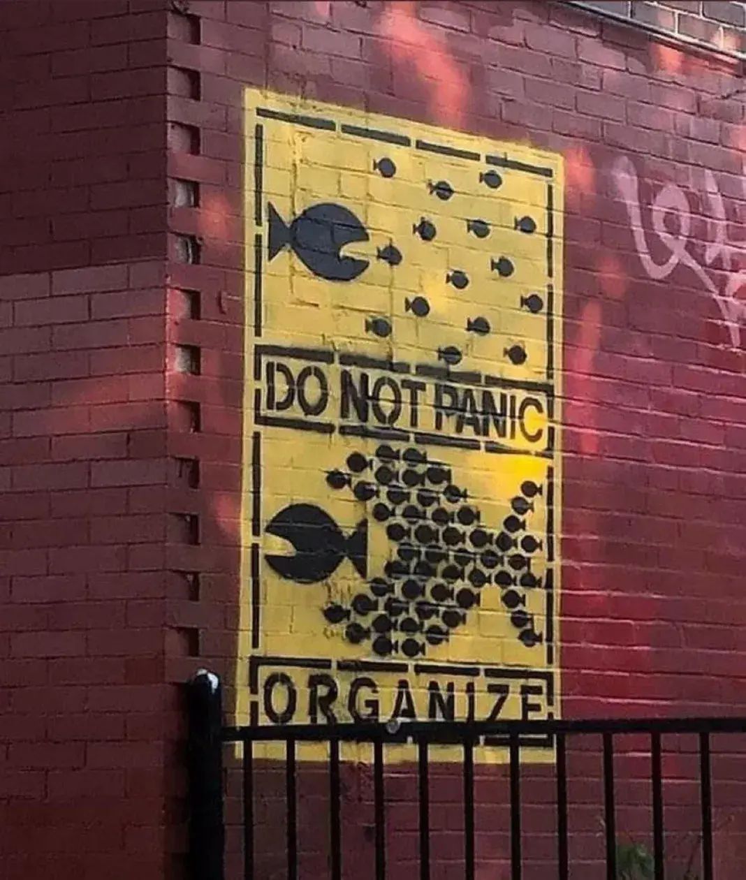 A stencil mural on a red brick wall in Providence, Rhode Island, USA. The artwork features a bold yellow background divided into two sections. The top shows a single large black fish surrounded by smaller fish scattered in disarray, with the text "DO NOT PANIC." The bottom section illustrates the smaller fish united to form a larger, powerful fish, swimming together to face the bigger fish, accompanied by the text "ORGANIZE." The piece delivers a powerful social message of unity and collective strength against challenges. A black fence runs along the bottom edge of the mural.