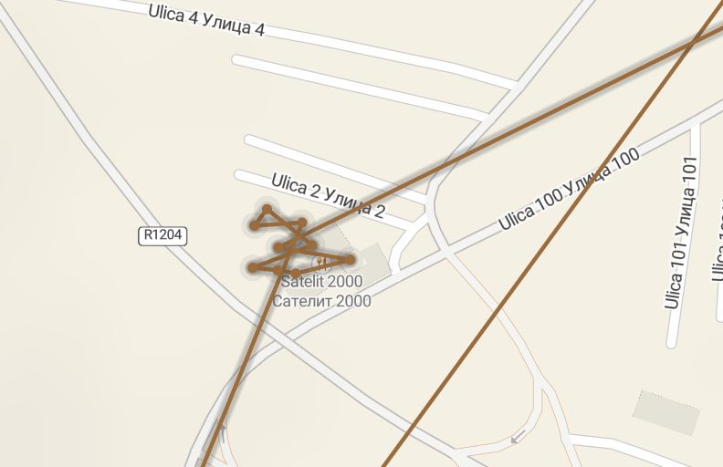 Bild 1. Screenshot der Karte des Rennens, mehrere Punkte rund um ein Gebäude namens "Satelit 2000".