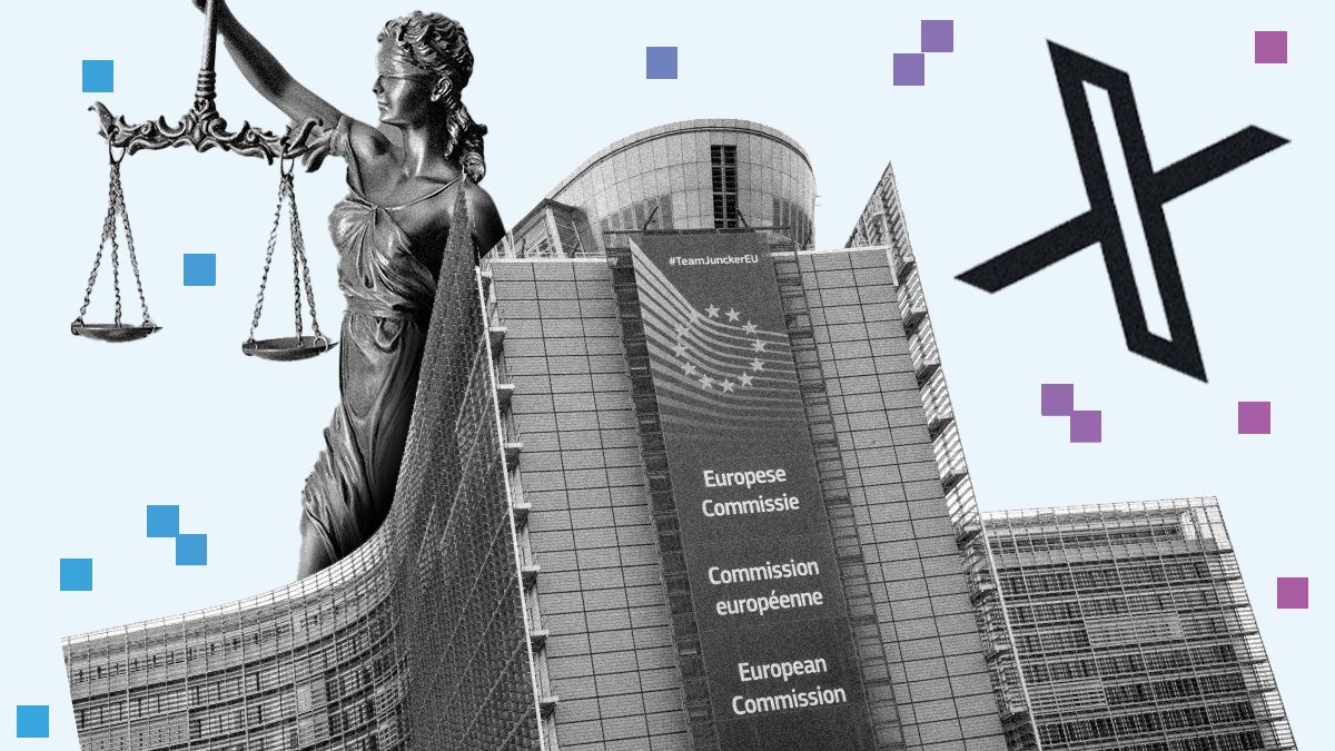 The European Commission's building with a symbol of justice and X's logo in the background