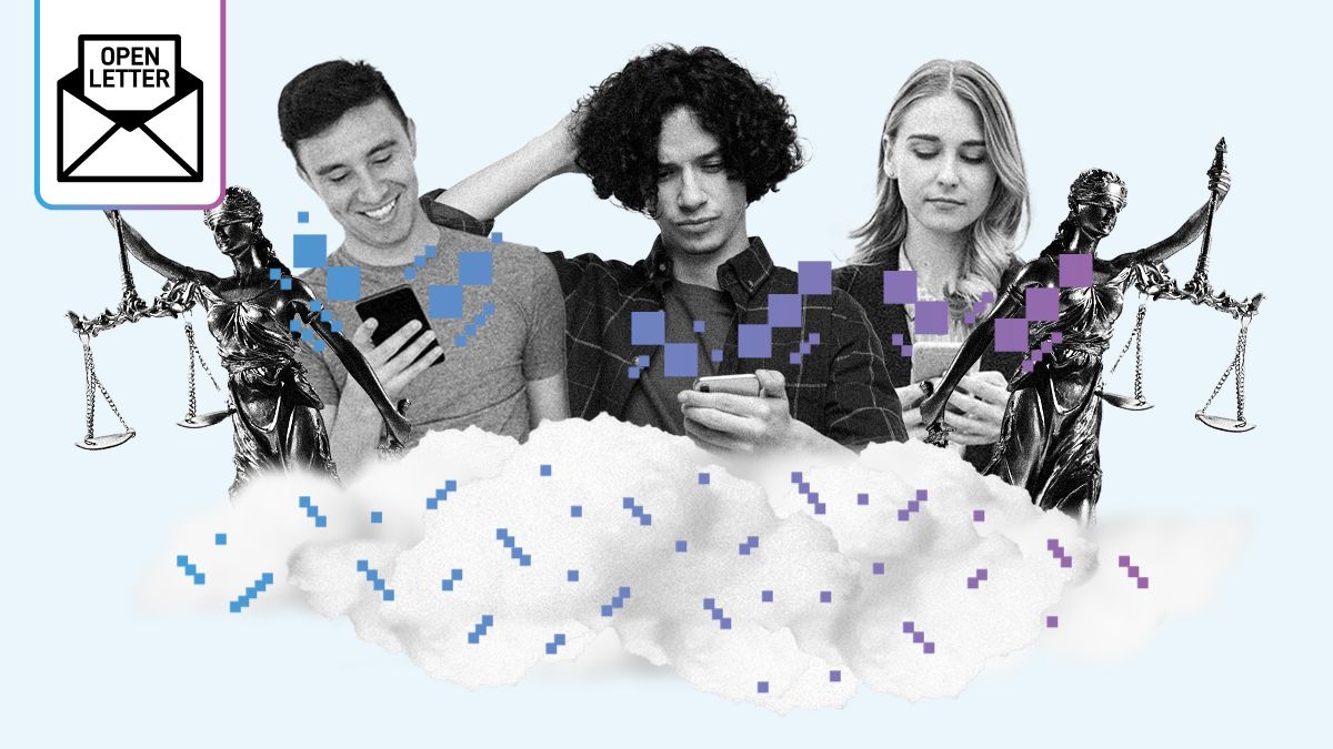 Symbol of justice with three people using their phones