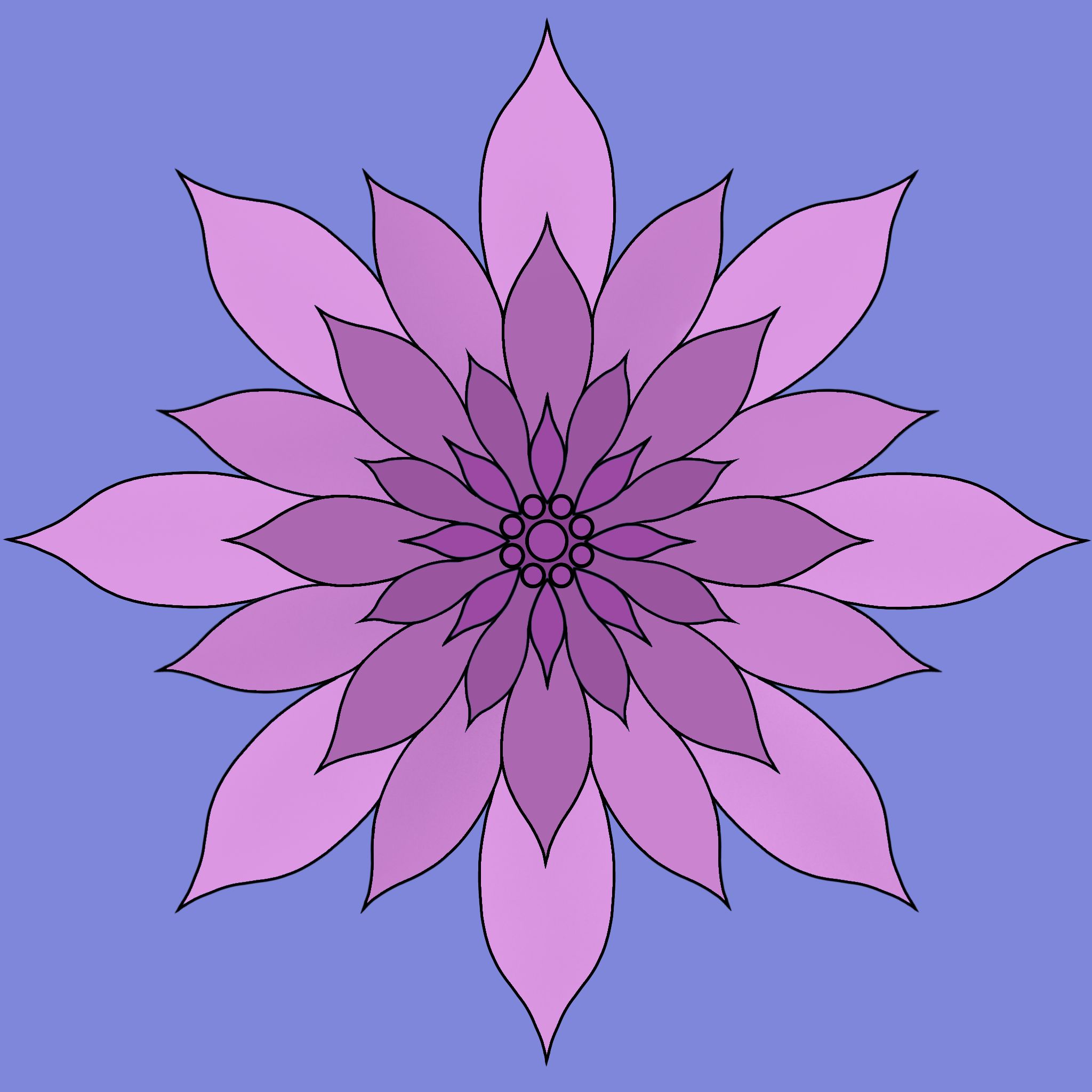 A purple Dahlia flower is drawn on a blue background. The flower is facing towards the camera. 