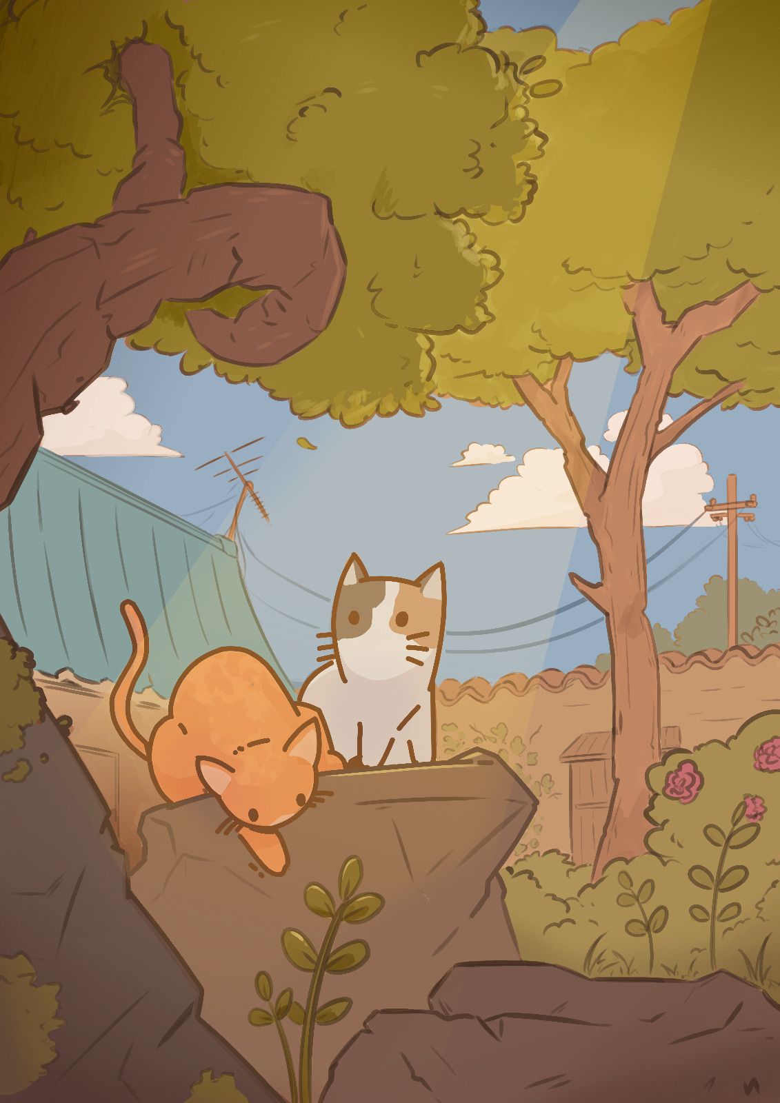 Illustration of two cats sitting together in a japanese-style garden. One of the cats, the orange one, got distracted and is trying to catch a plant