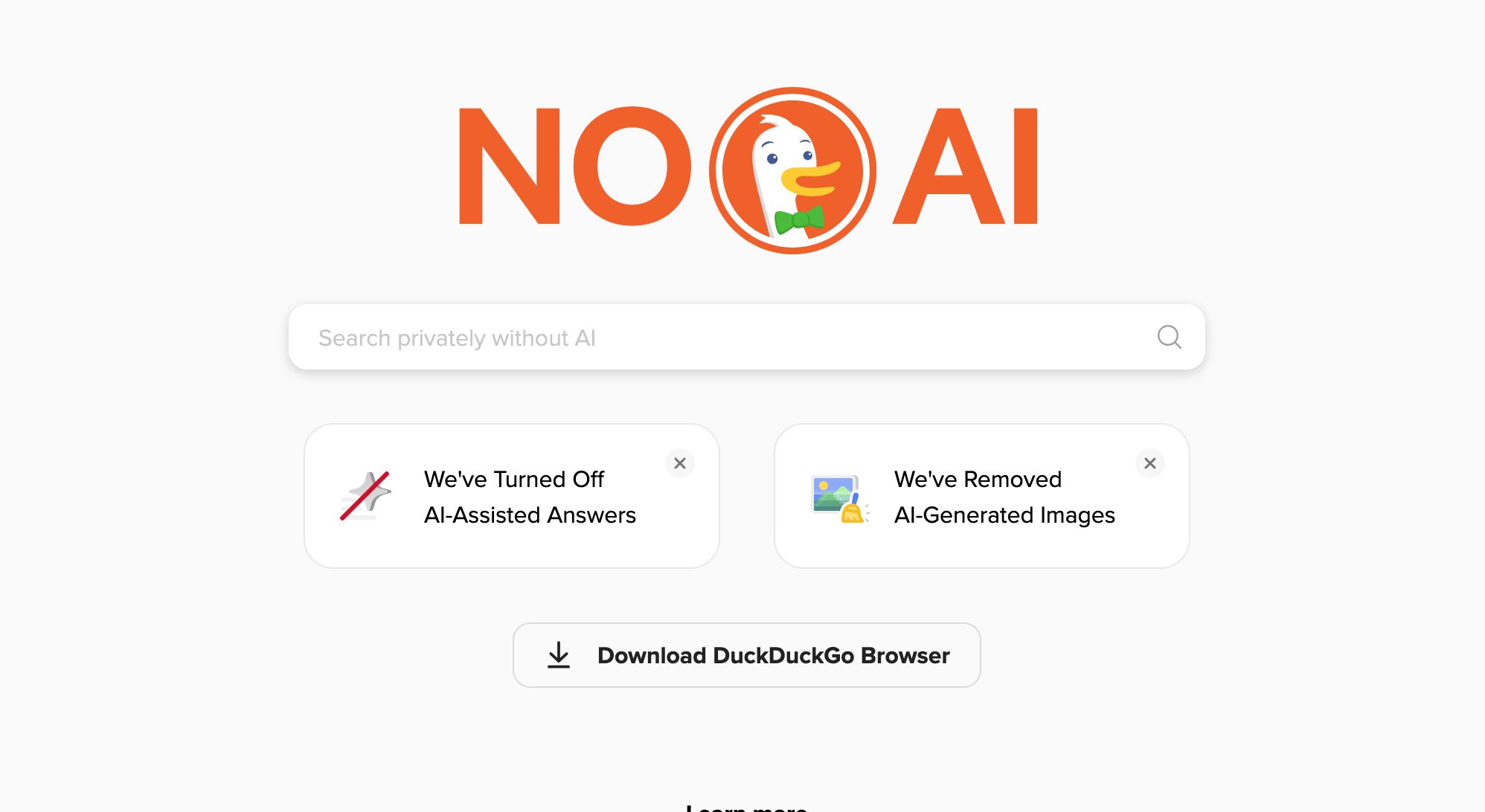 The landing page has huge letters saying NO AI with a cameo of a duck. Smaller boxes note that AI-assisted answers and AI-generated images are removed as well.