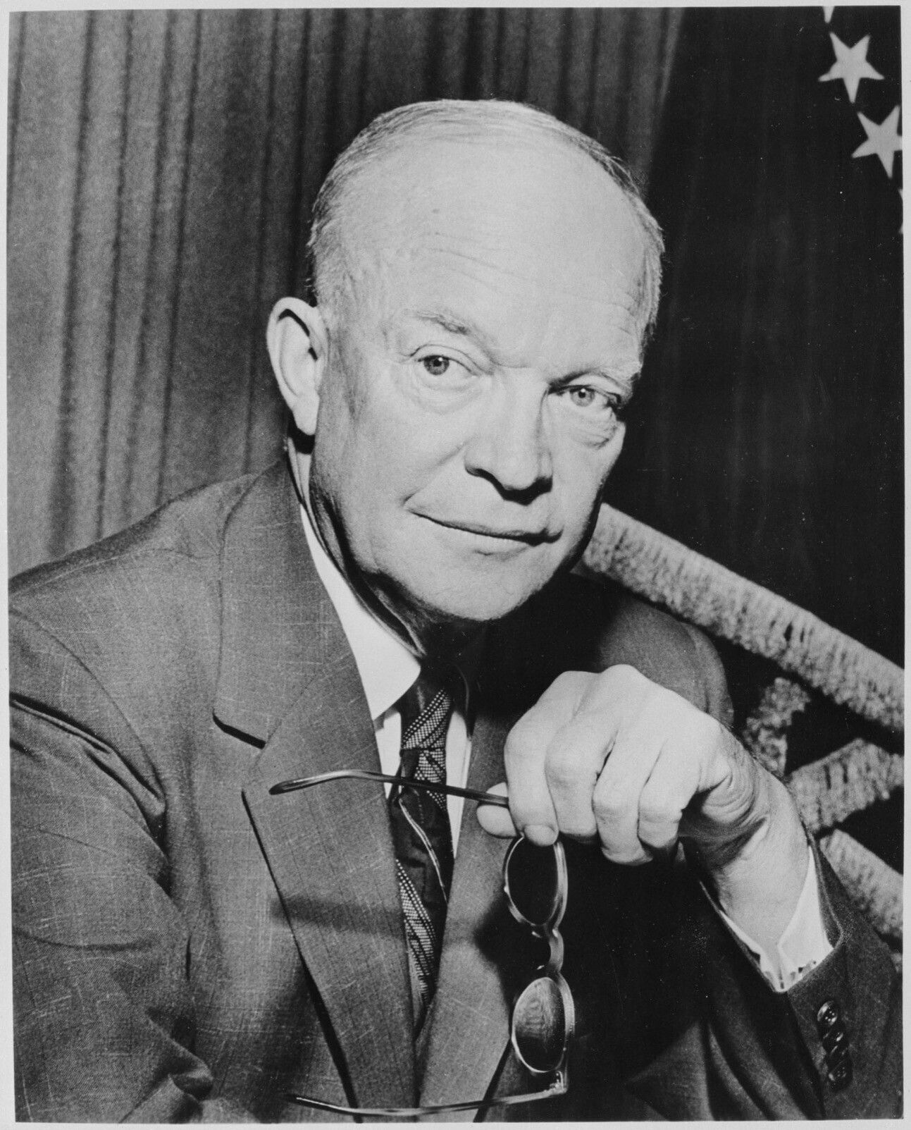 A photo of Dwight David Eisenhower taken late in his presidency with something I wrote and followed by a portion of his final address as president. 

Ike wasn’t a perfect POTUS; none of them are, of course, and definitely not tRump at all. But Ike, who would definitely be considered a RINO these days in “MAGA world,” wasn’t wrong here. 

“Down the long lane of the history yet to be written America knows that this world of ours, ever growing smaller, must avoid becoming a community of dreadful fear and hate, and be, instead, a proud confederation of mutual trust and respect."
-- President Dwight Eisenhower, Farewell Address, January 1961

