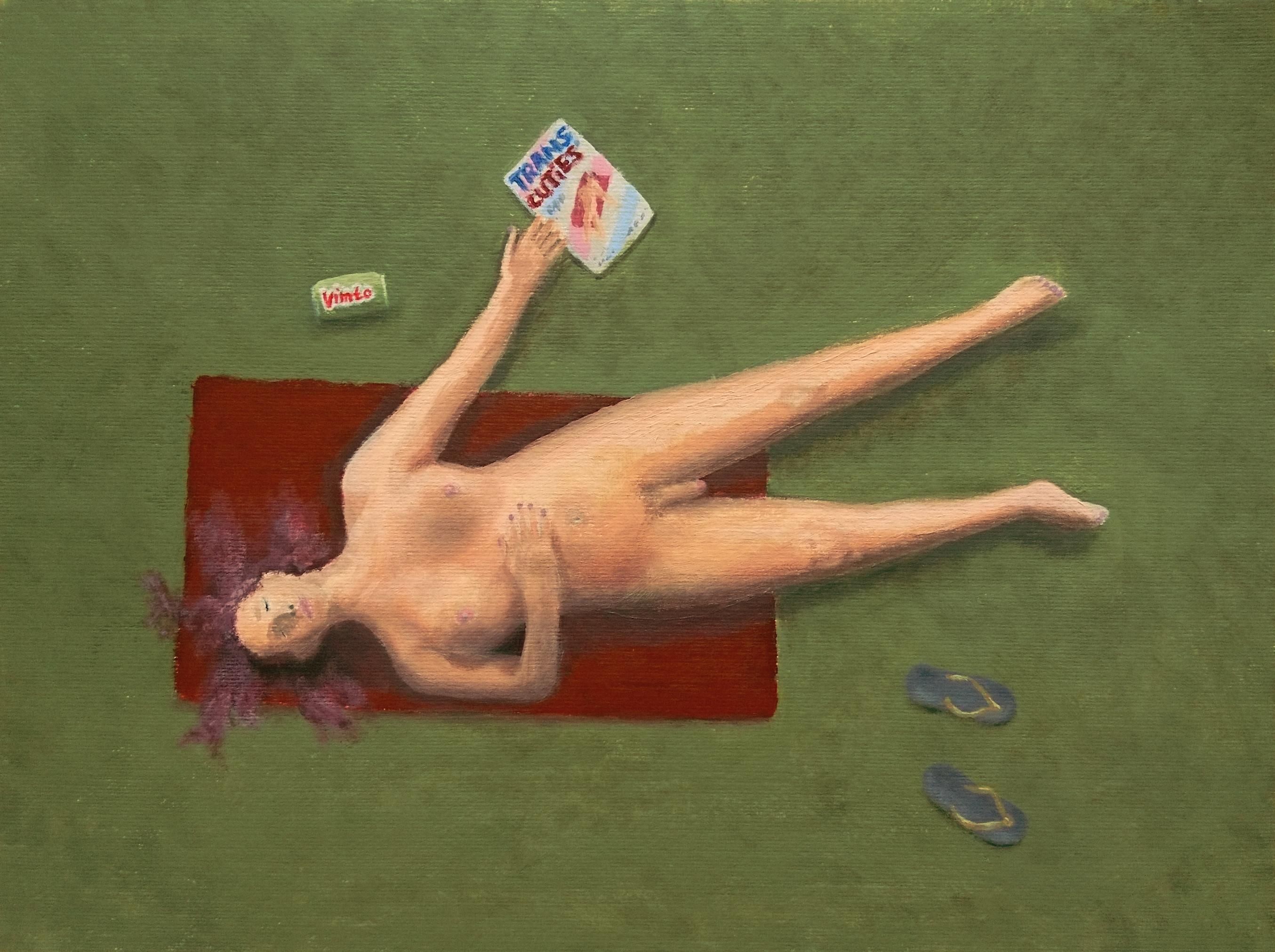 A woman, sunbathing, seen from above. She's asleep. Next to her is a magazine named "Trans Cuties" with herself on the cover, and also there's a can of Vimto.