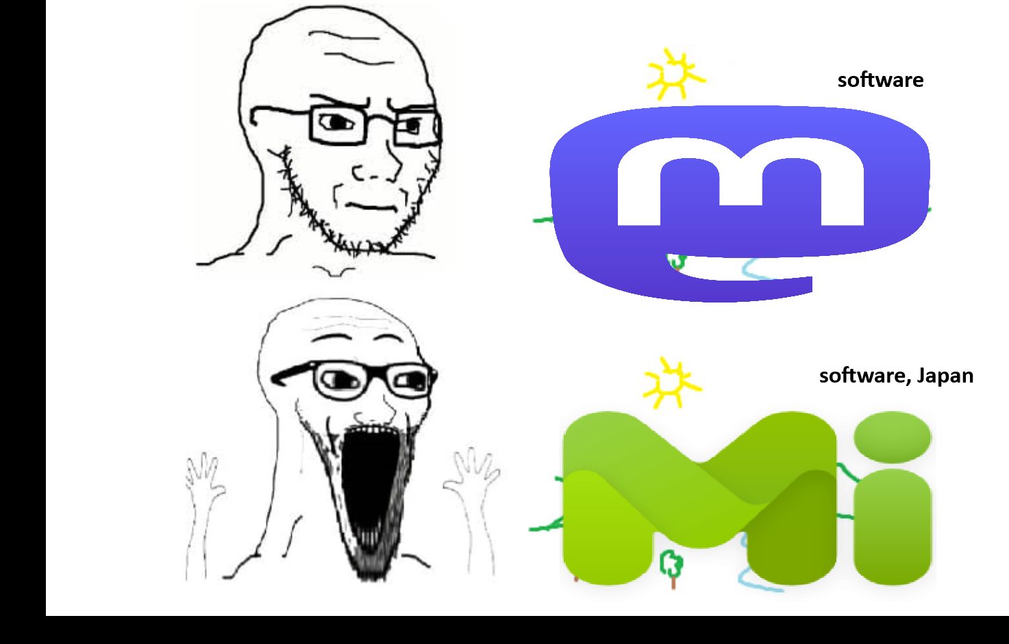 a diagram showing two panels,


the first is a wojak looking sternly at the mastodon logo, titled software

the second one is a soyjak looking excitedly at the misskey logo, titled software, japan 
