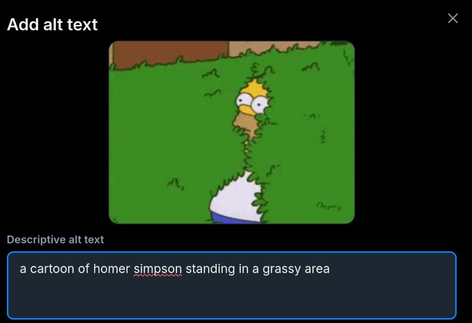 The meme of Homer Simpson walking backwards into a hedge. The default alt text is "A cartoon of homer simpson standing in a grassy area."