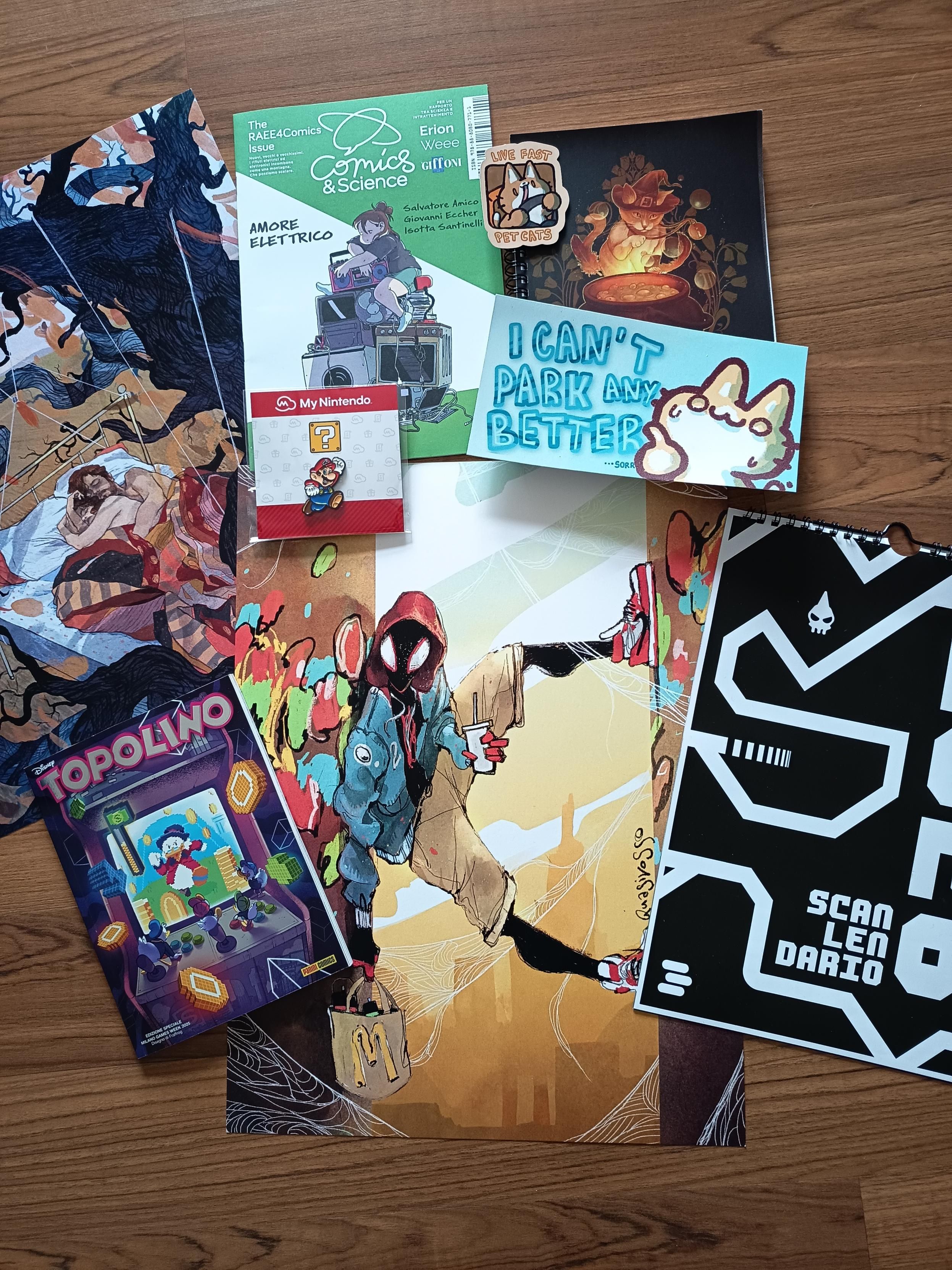 Foto di cose su un pavimento. Le cose:
- Scanlendario 2026
- Due illustrazioni di Gio Quasirosso (uno Spider-Man Morales e un'illustrazione di due persone in un letto che si abbracciano, il letto è fuori all'aperto, in primo piano c'è un albero)
- Topolino con copertina di Zio Paperone che insegue soldi in un arcade
- Adesivi con scritto "I can't park any better sorr..." e "Live Fast Pet Cats", un quadernetto con un'art di una gatta streghetta
- Una spilla di Super Mario
- Libricino sui RAEE illustrato