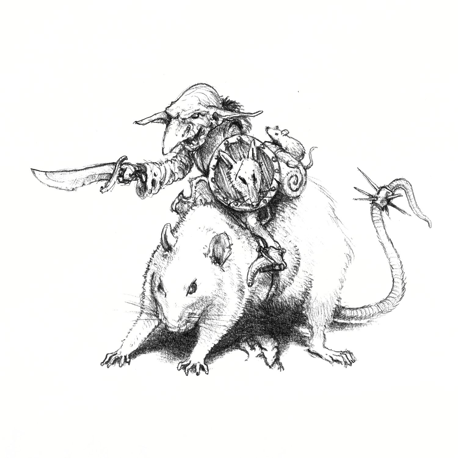pencil drawing of a goblin wielding a short sword and a shield on a large rat with spikes on it's tail. There's additional small rats under and on the big rat too