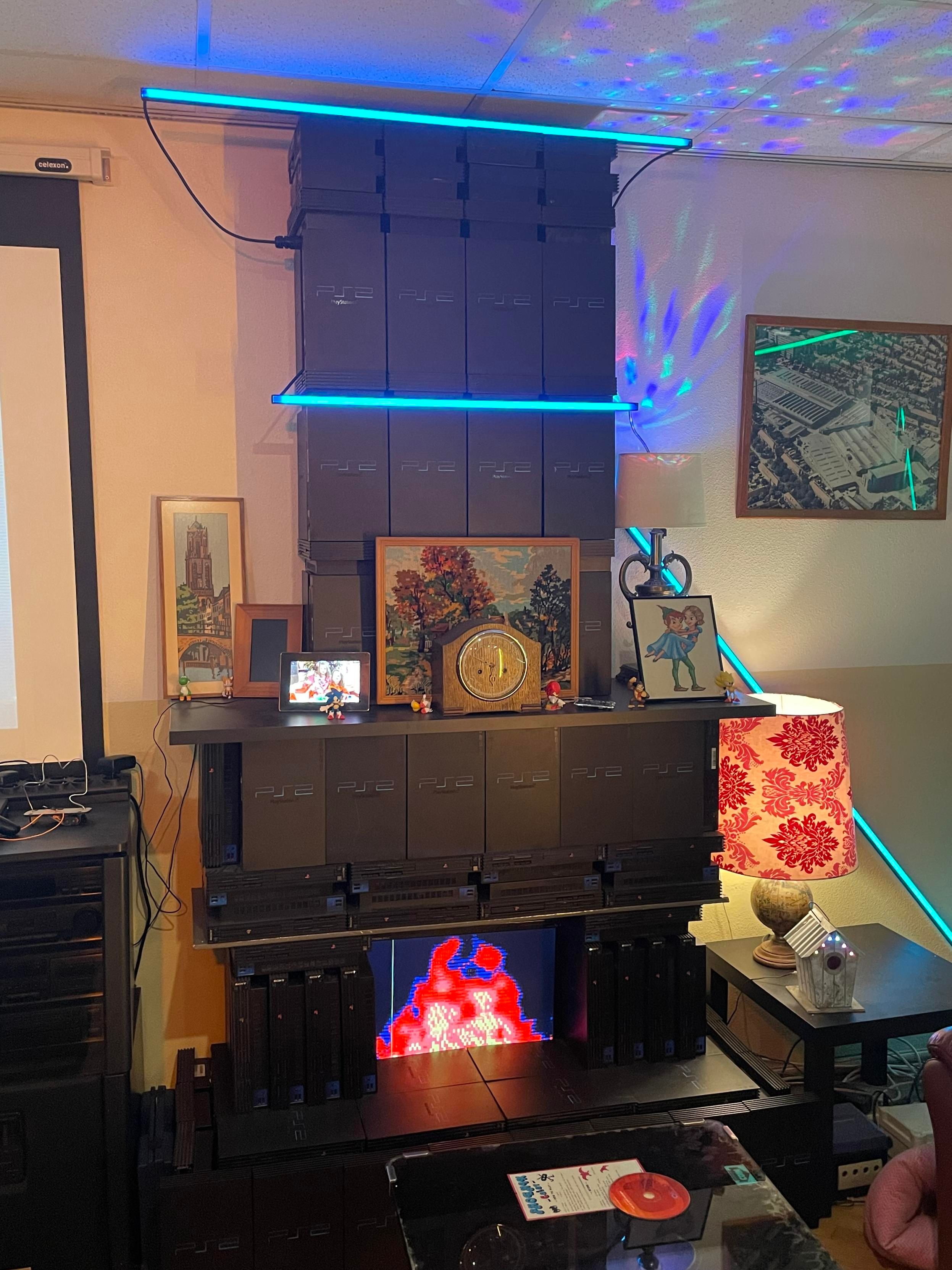 A fireplace made out of PlayStation 2’s