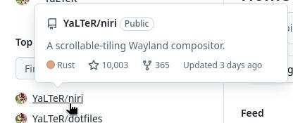 Hovering YaLTeR/niri on GitHub showing 10,003 stars