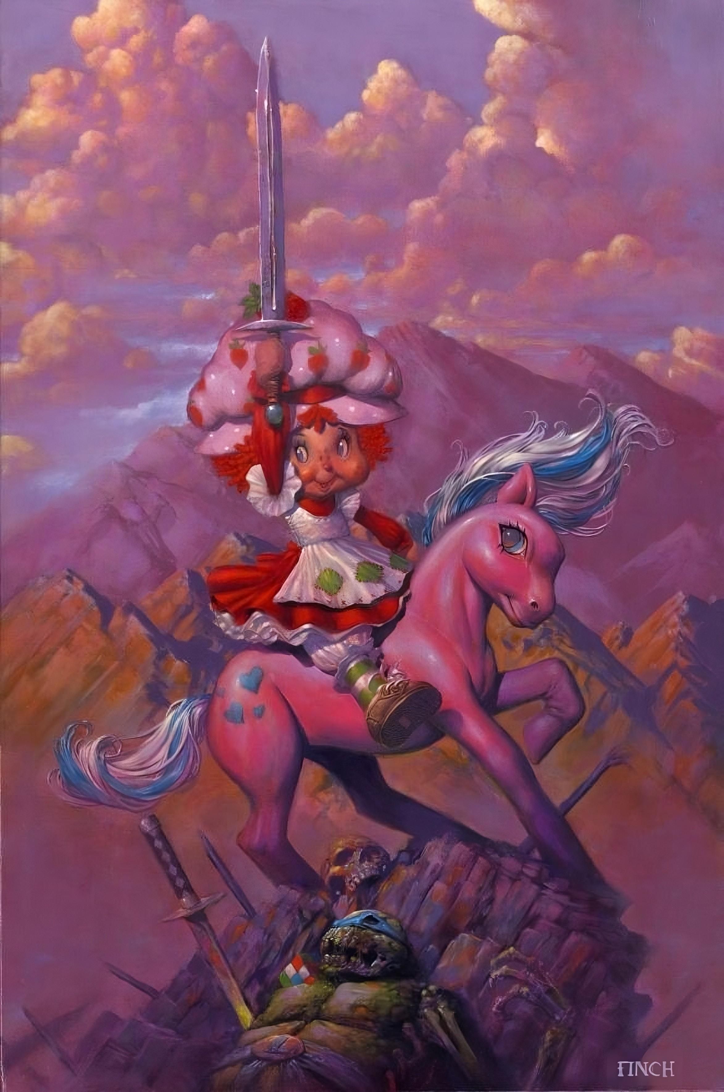It's obviously Strawberry Shortcake wielding a sword over the slain body of a Teenage Mutant Ninja Turtle, while riding My Lil Pony.
She is at the top of a mountain and the sky colors are largely pink/purple.