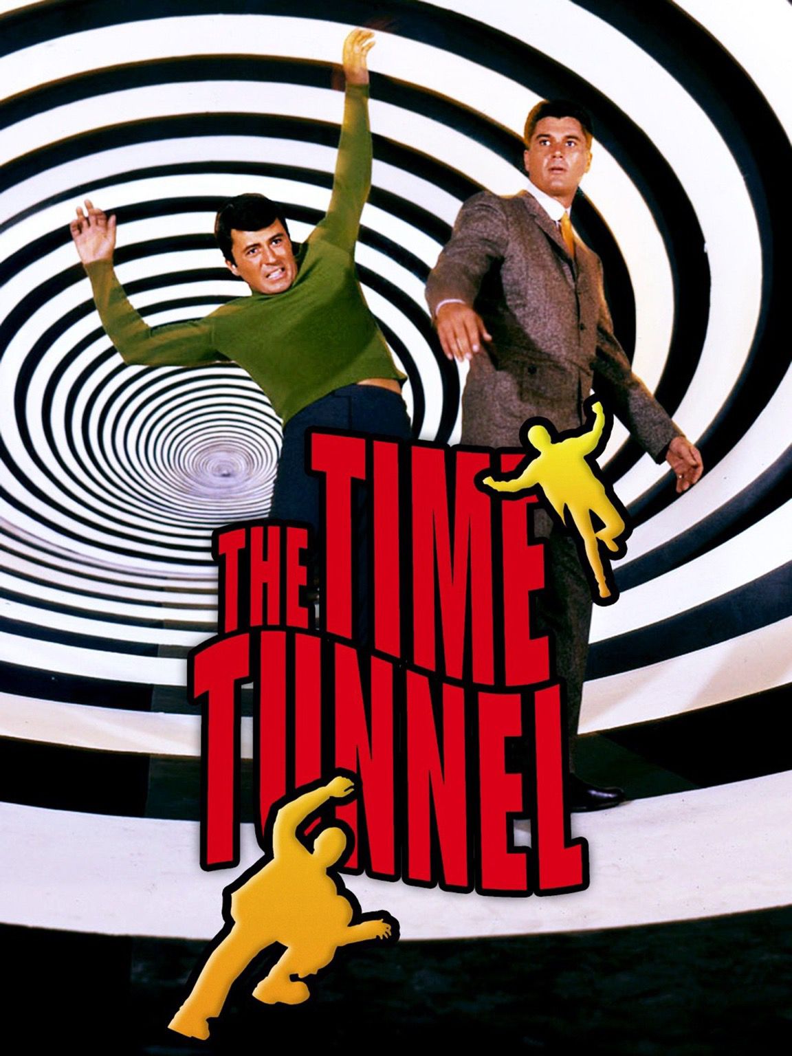 The black and white striped optical illusion tunnel is shown with the two principal time agents (male) appearing to be sucked in.  The Time Tunnel logo in red with a yellow male figure in its upper right corner is centered at the bottom of the poster.